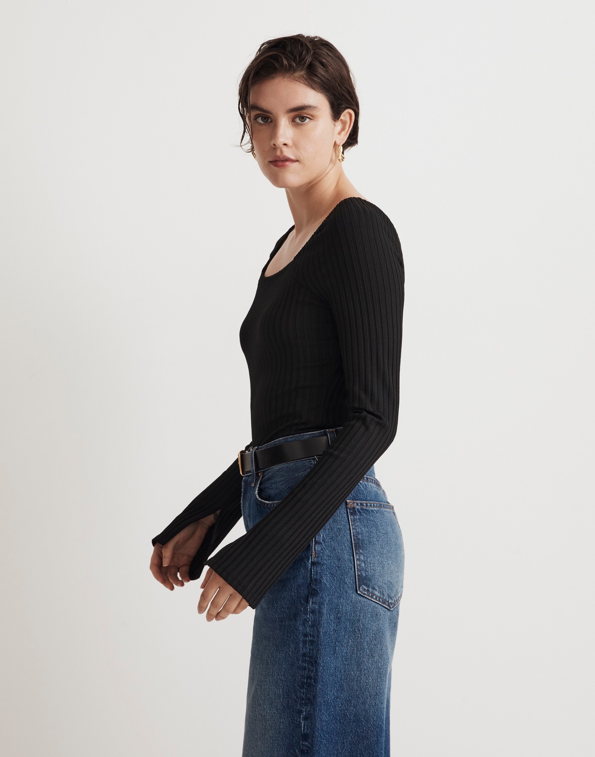 Ribbed Square-Neck Long-Sleeve Tee