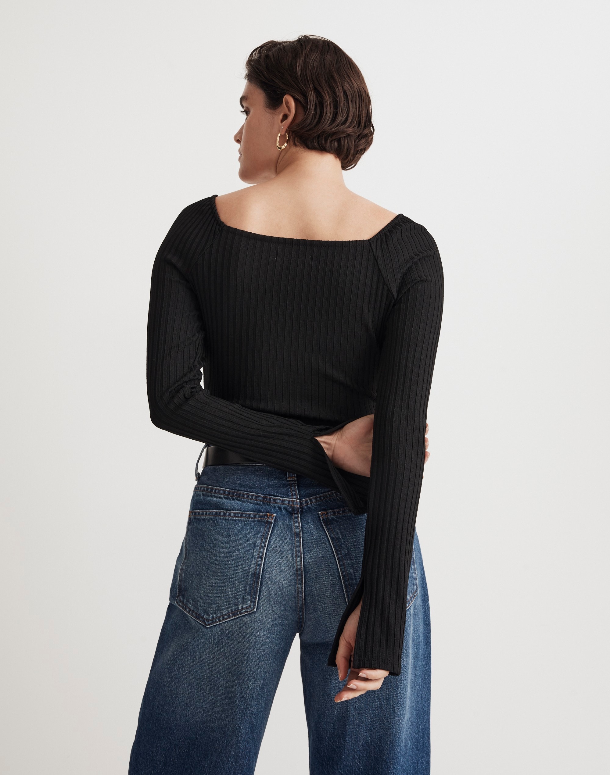 Ribbed Square-Neck Long-Sleeve Tee