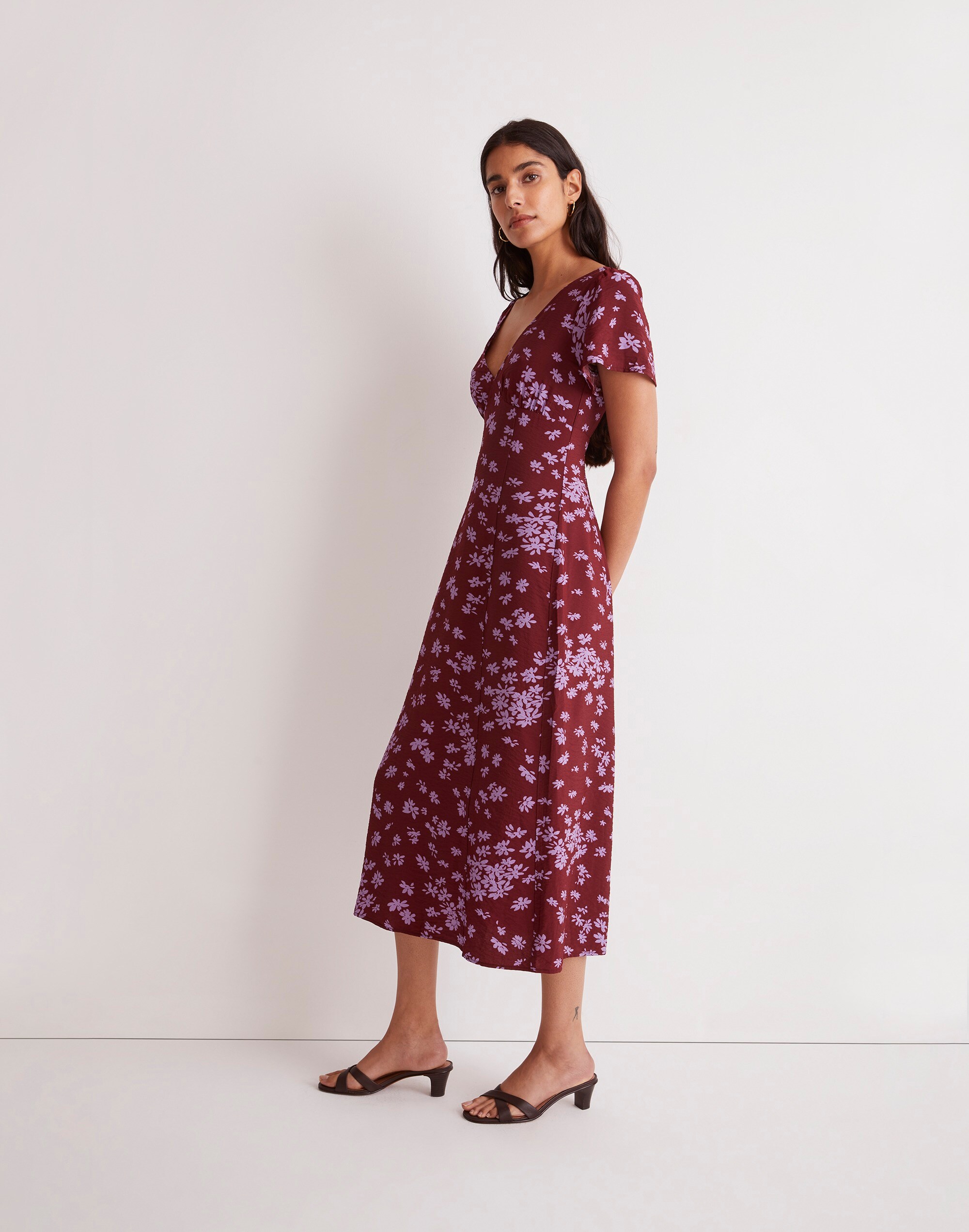 V-Neck Flutter-Sleeve Midi Dress