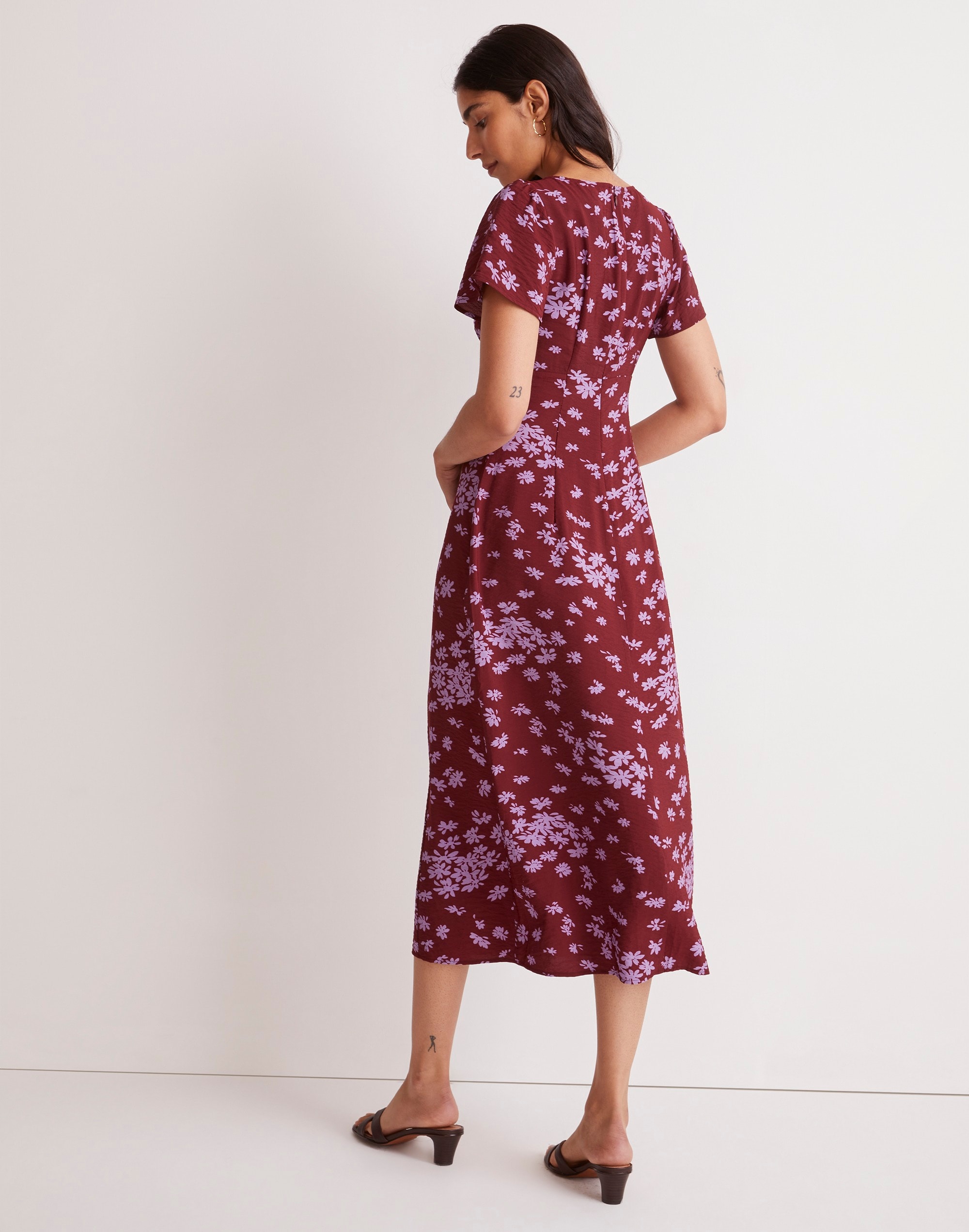 V-Neck Flutter-Sleeve Midi Dress