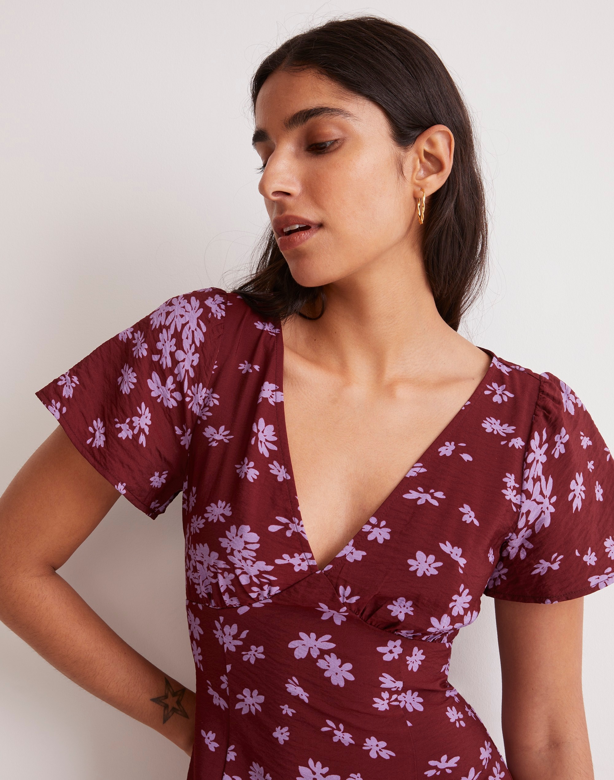 V-Neck Flutter-Sleeve Midi Dress