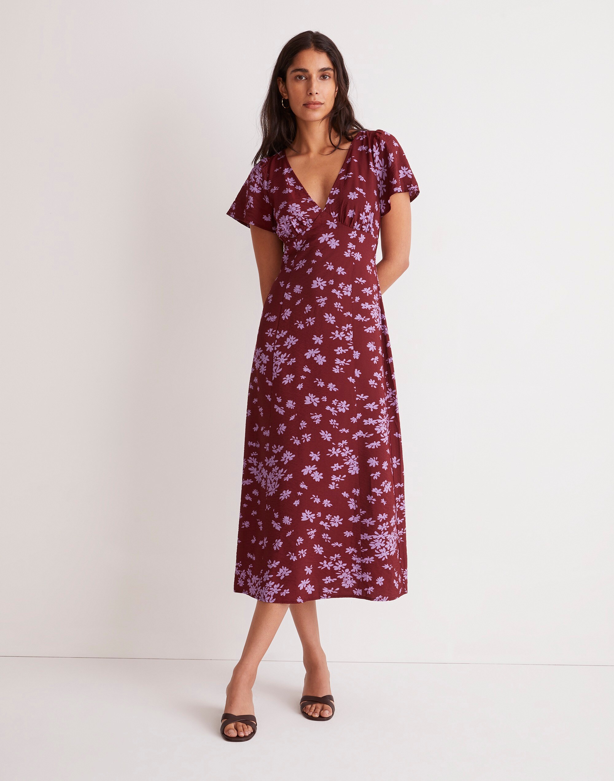 V-Neck Flutter-Sleeve Midi Dress