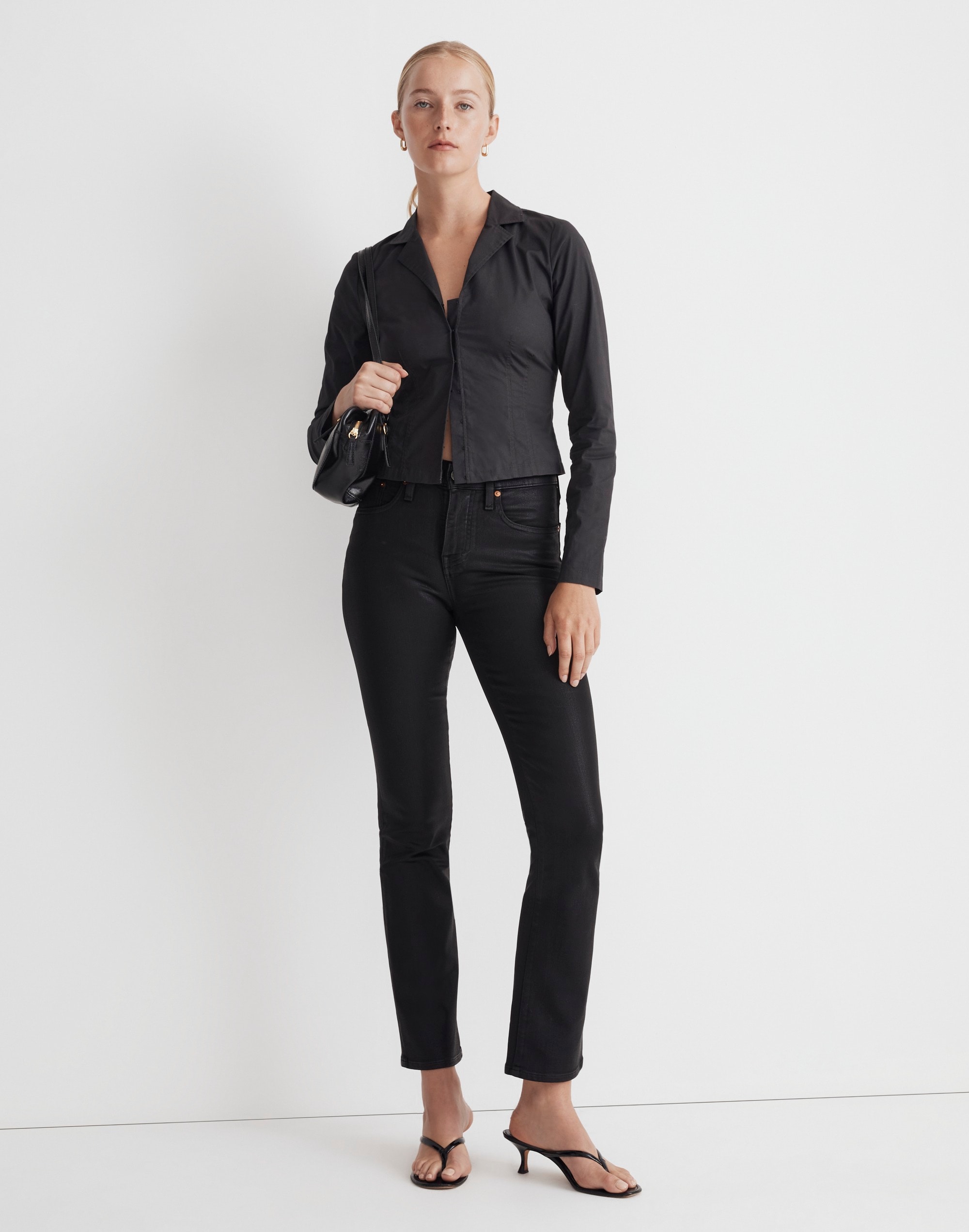 kick out crop jeans in true black wash: coated edition
