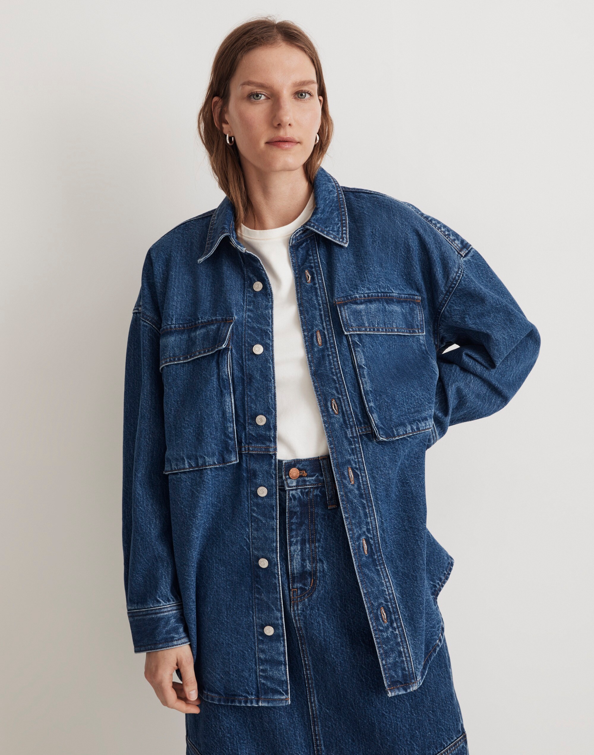 Denim Oversized Cargo Shirt Jacket in Palmerston Wash
