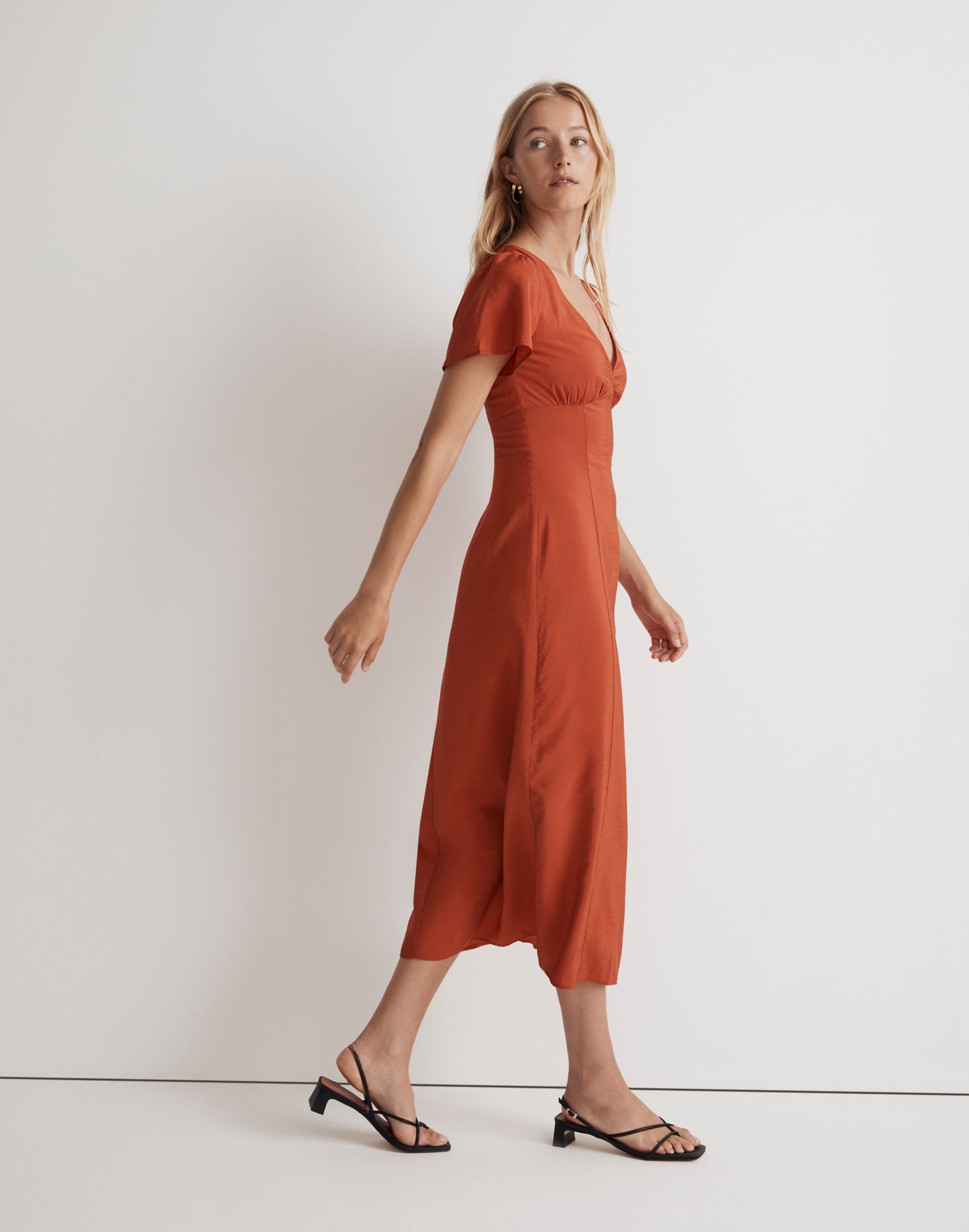 V-Neck Flutter-Sleeve Midi Dress