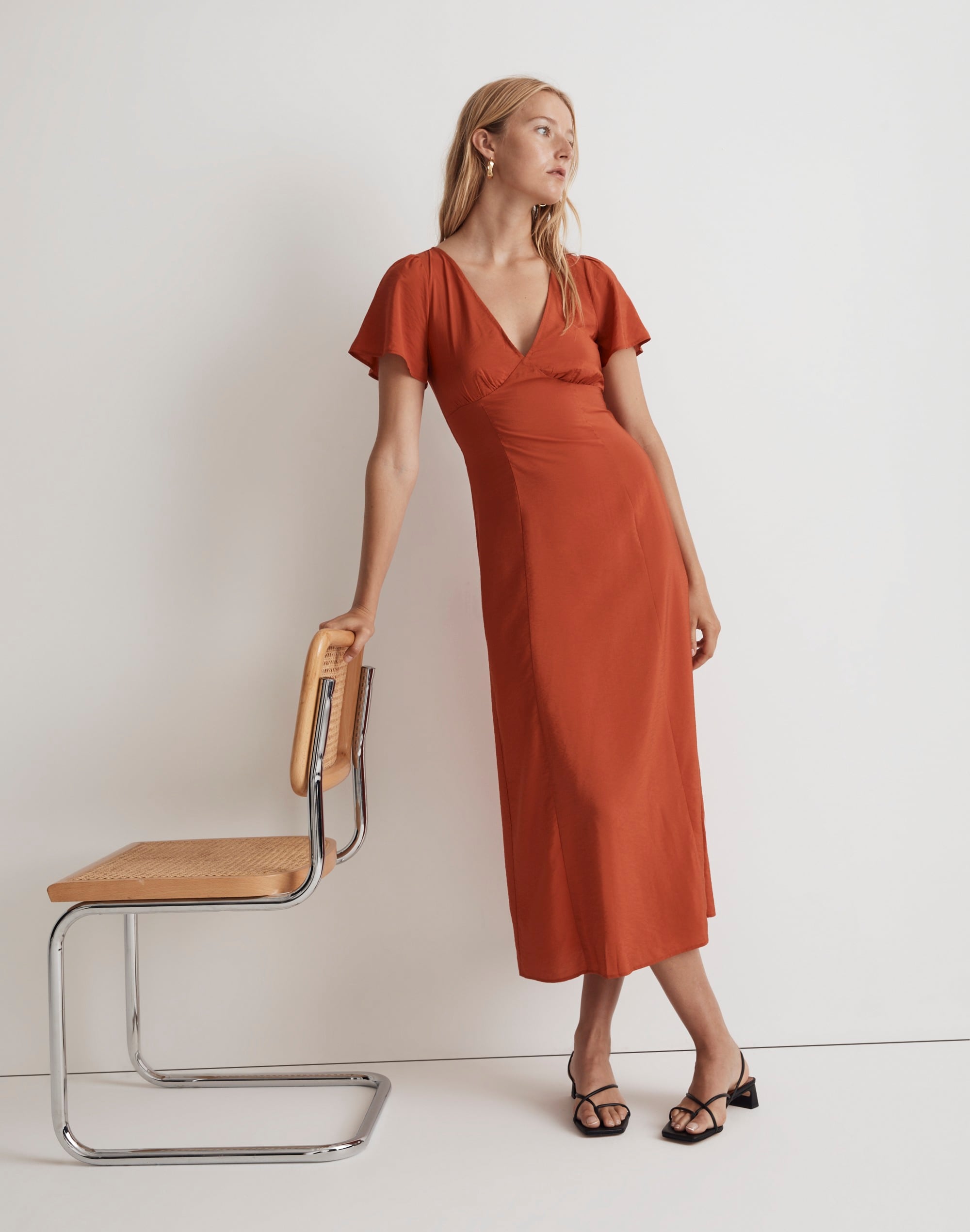 V-Neck Flutter-Sleeve Midi Dress