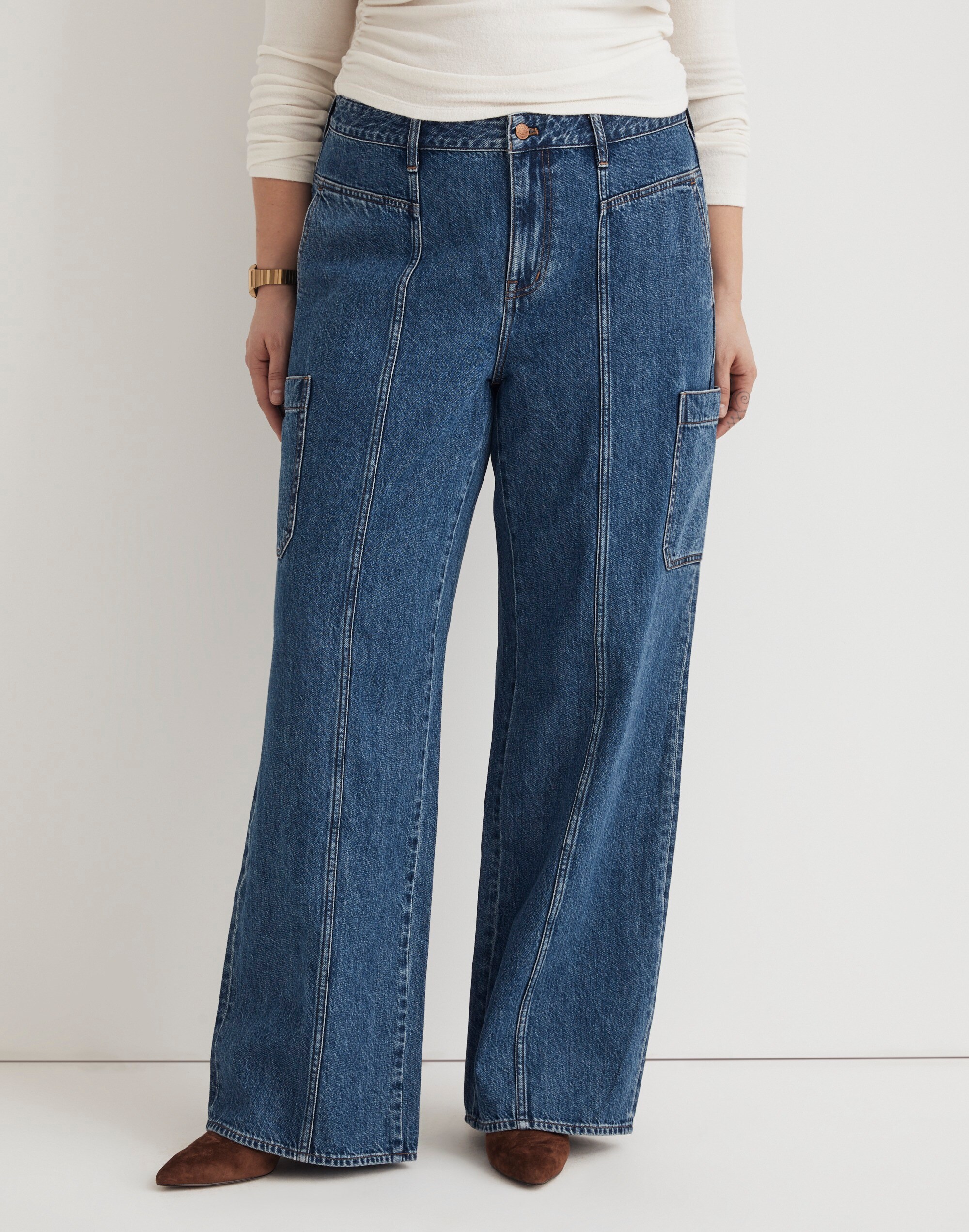Plus Curvy Baggy Straight Cargo Jeans in Codey Wash