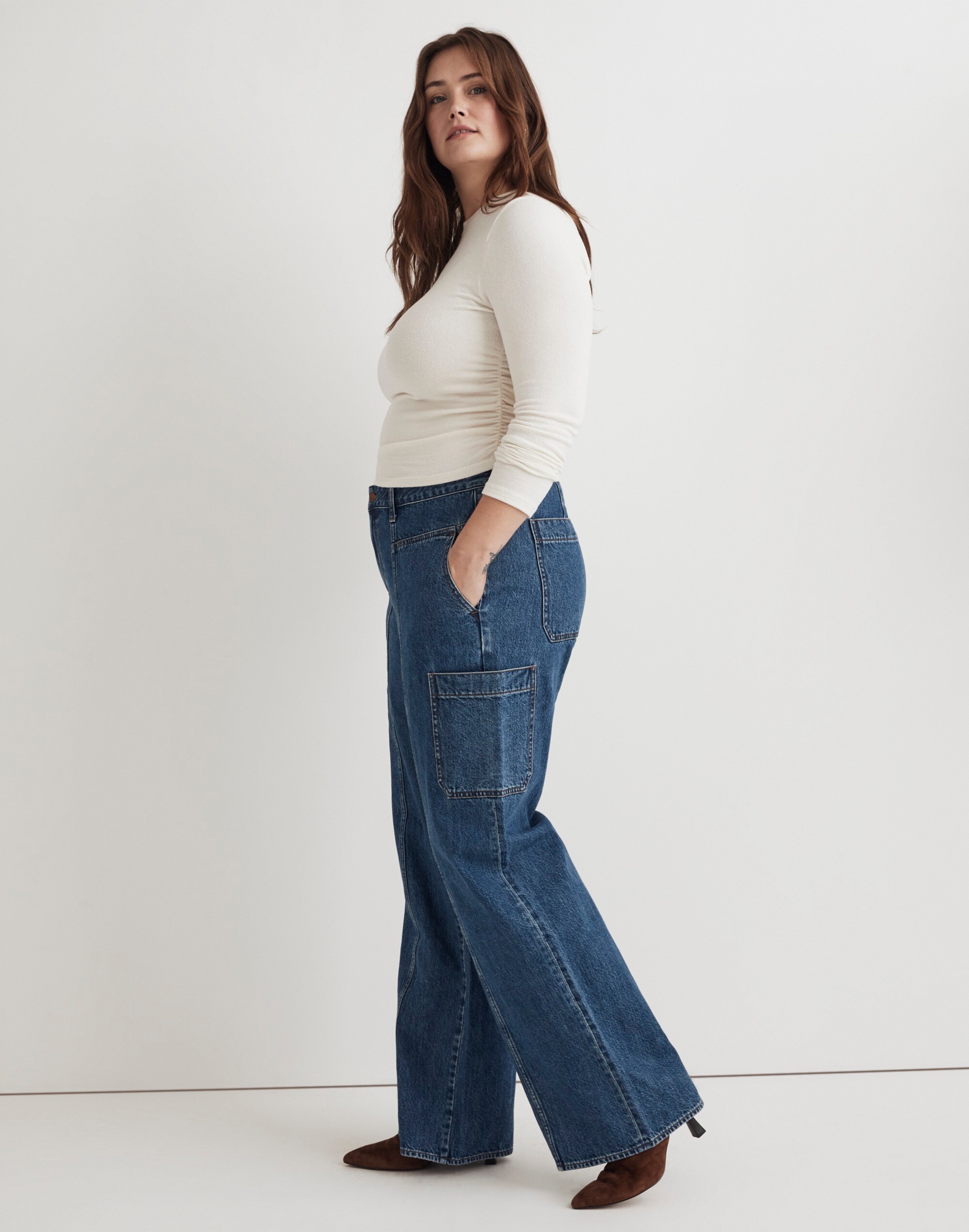 Plus Curvy Baggy Straight Cargo Jeans in Codey Wash