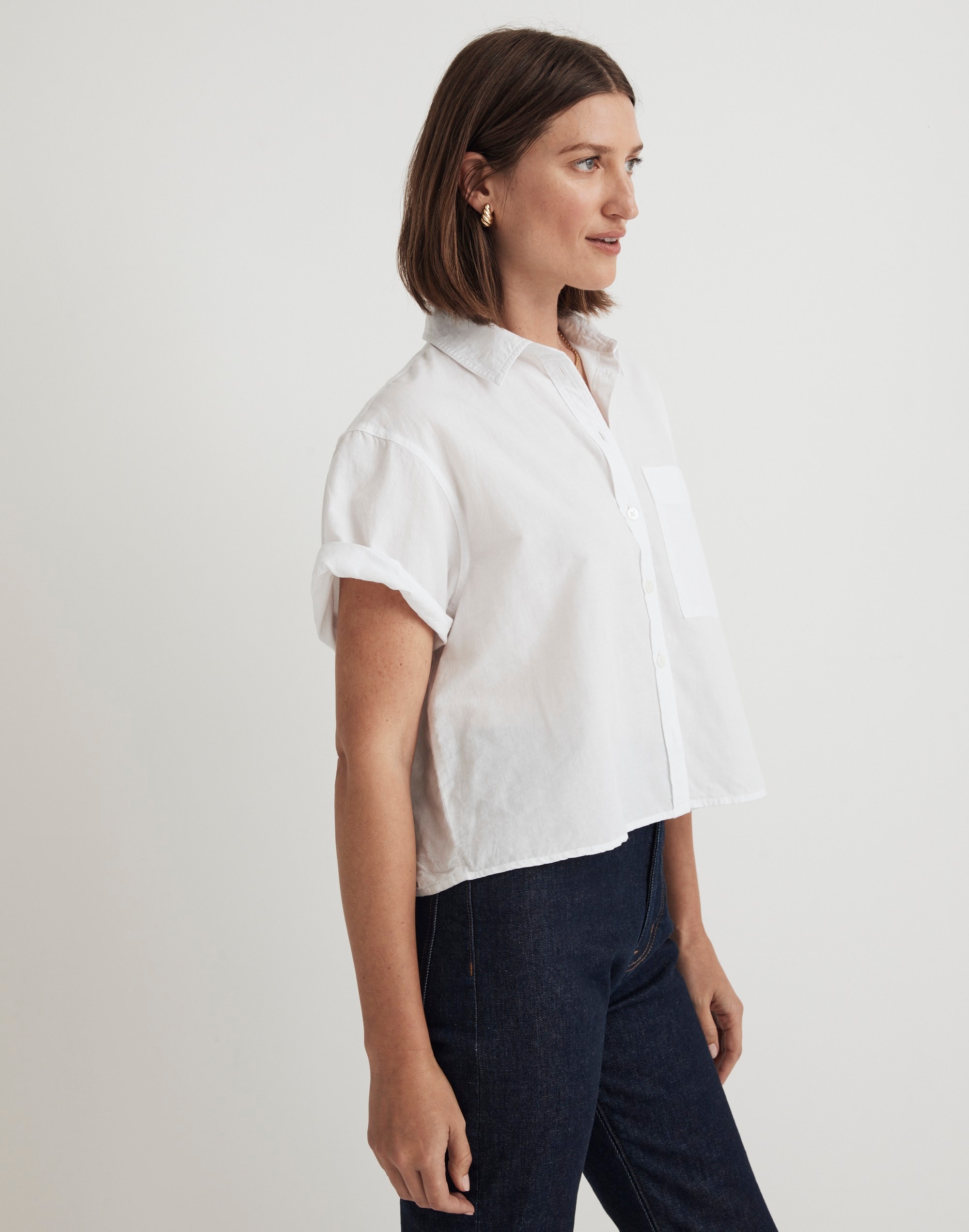 Cropped Utility Button-Up Shirt in eyelet white image 3