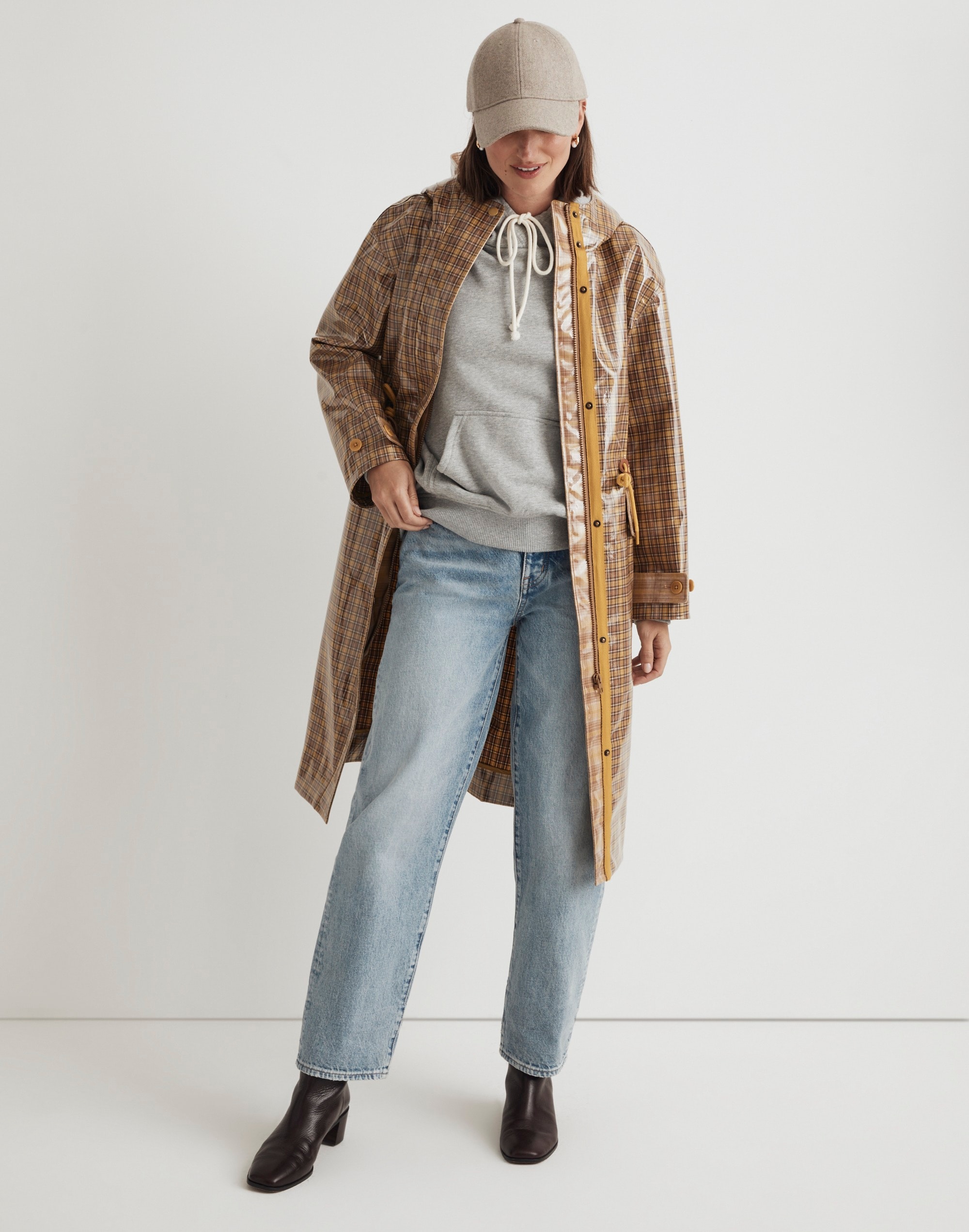 laminated trench coat in plaid
