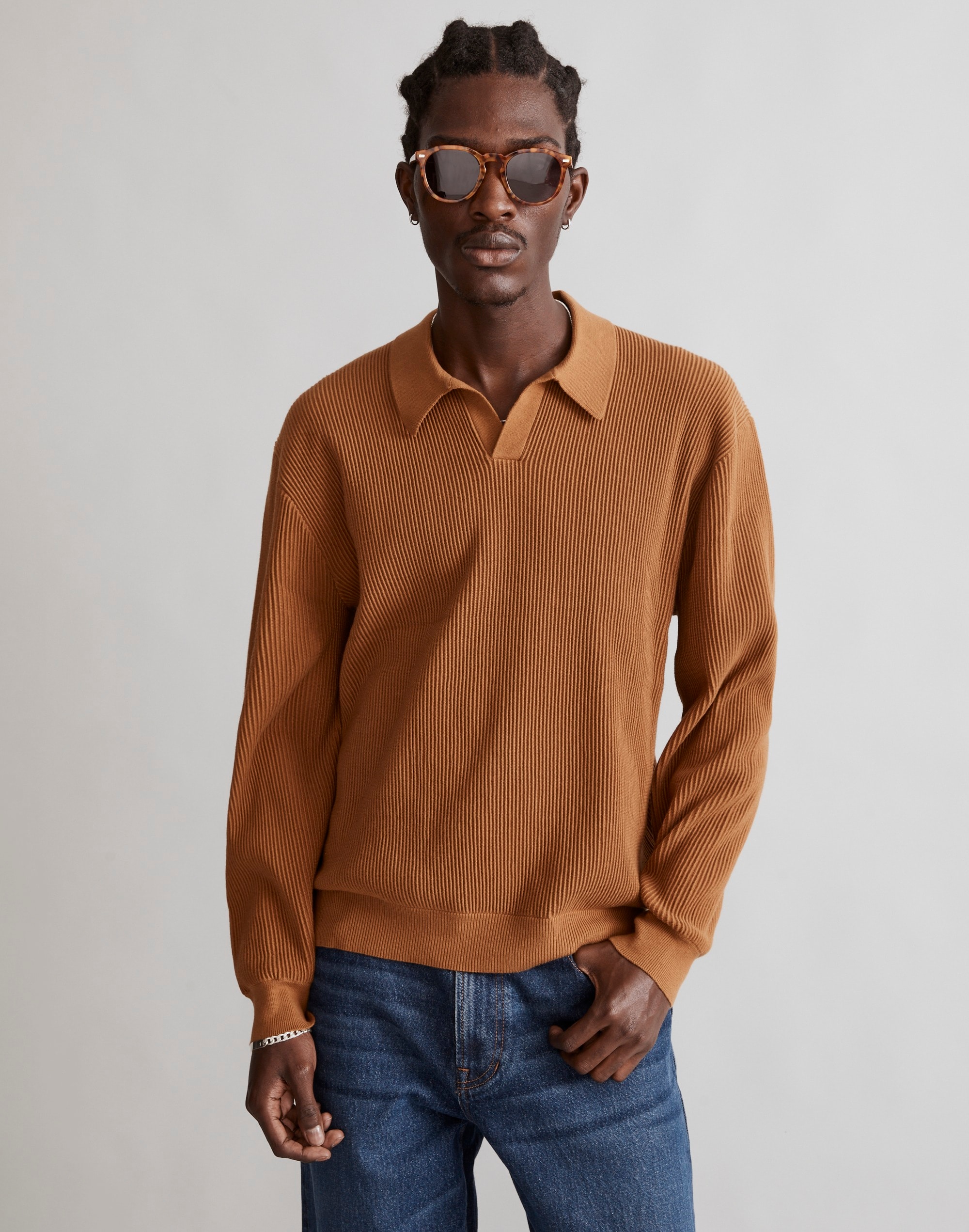 Johnny-Collar Long-Sleeve Sweater Polo
