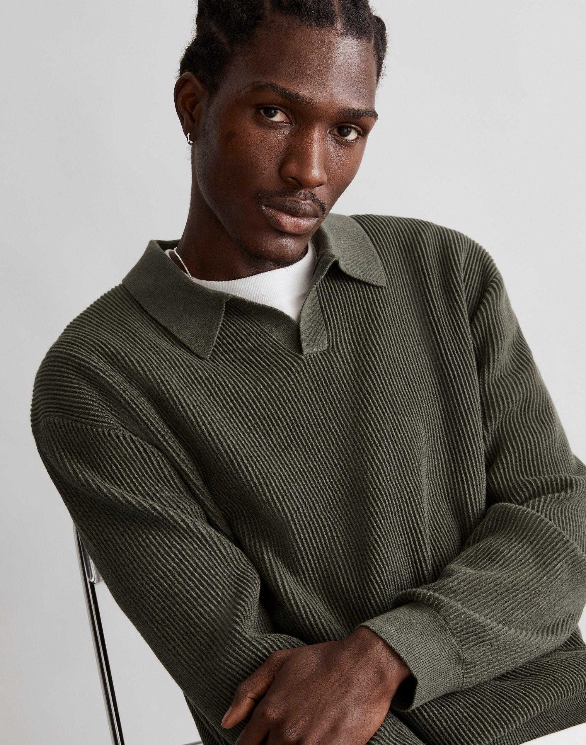 Johnny-Collar Long-Sleeve Sweater Polo