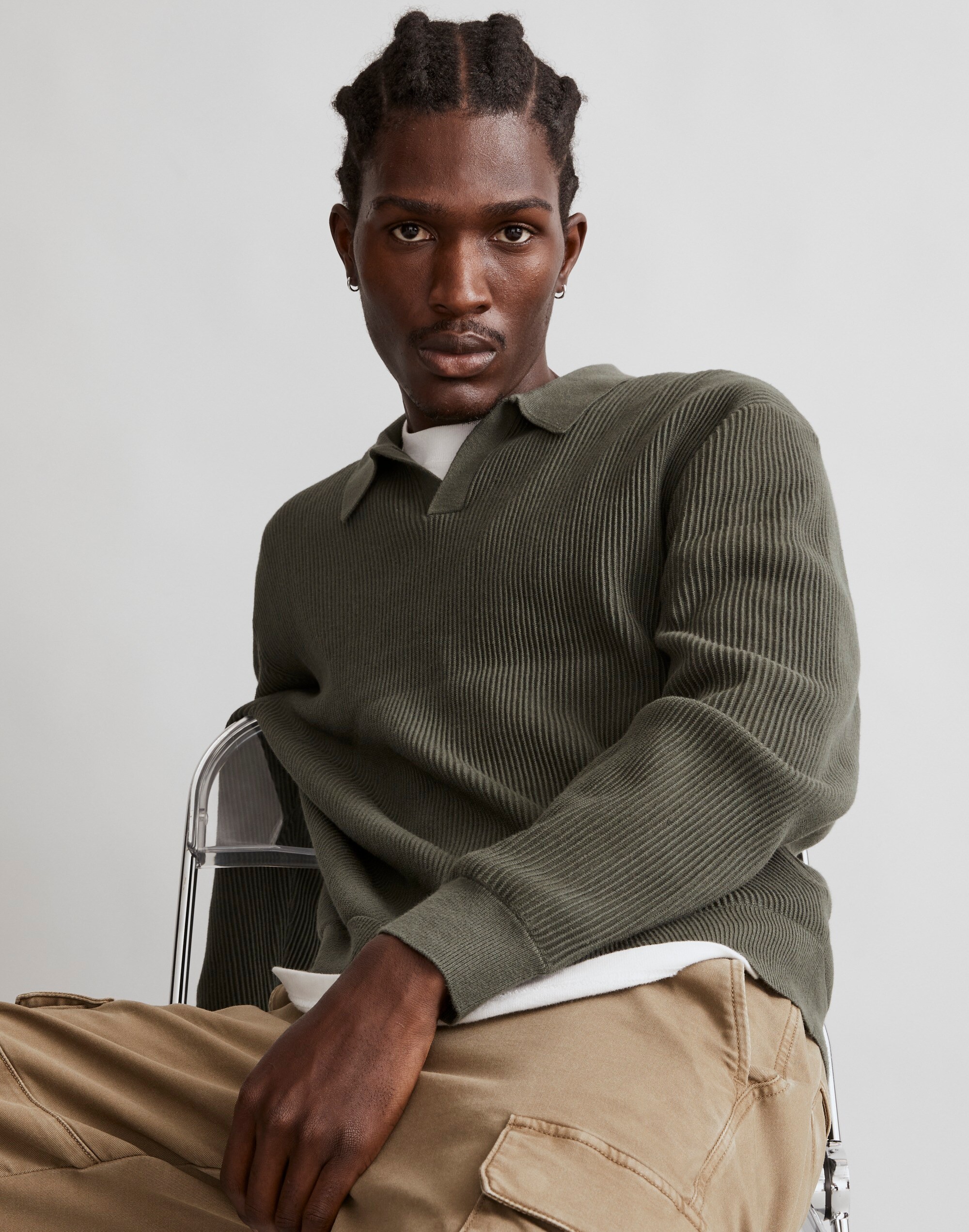 Johnny-Collar Long-Sleeve Sweater Polo