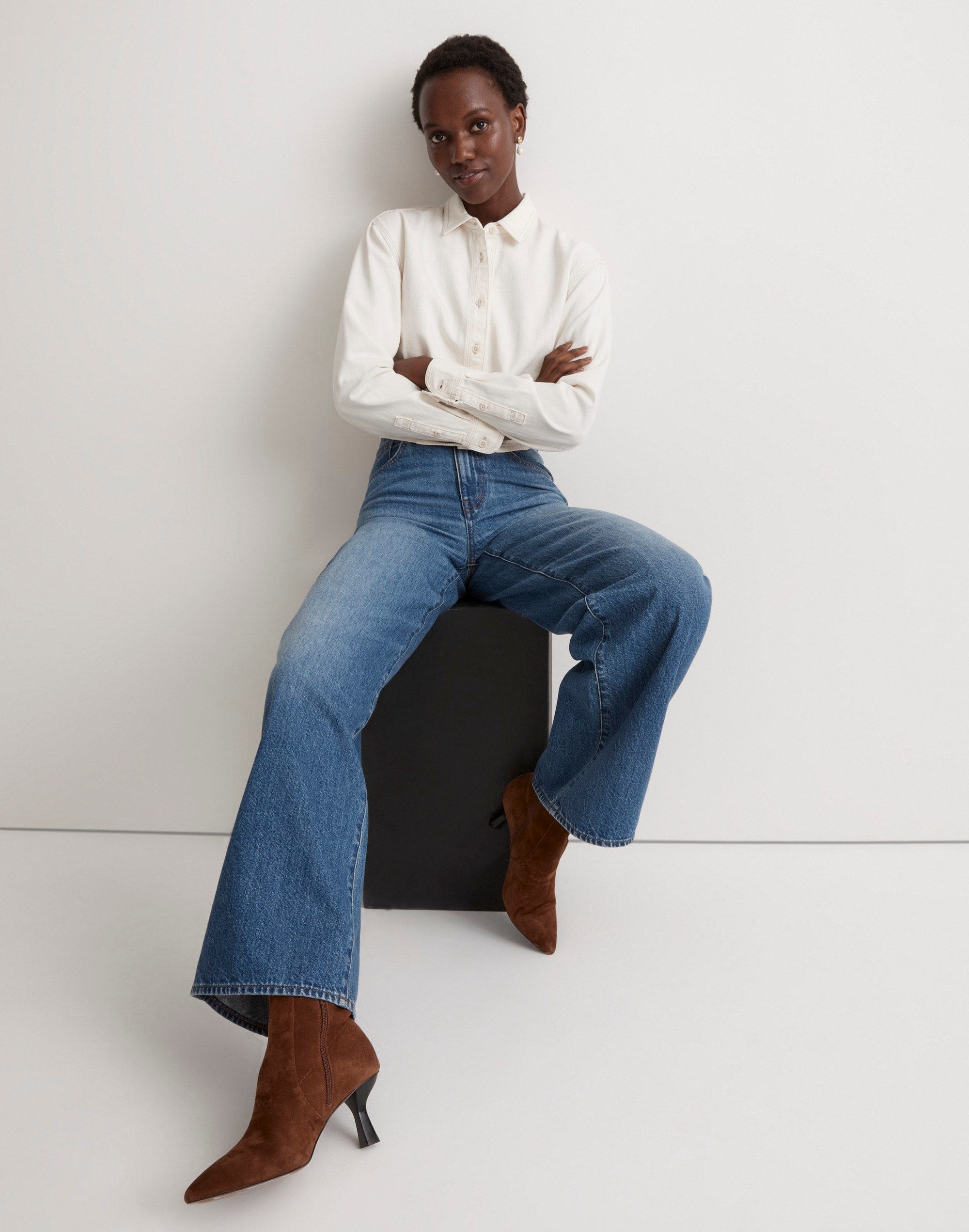 Denim Pleated Cropped Button-Up Shirt