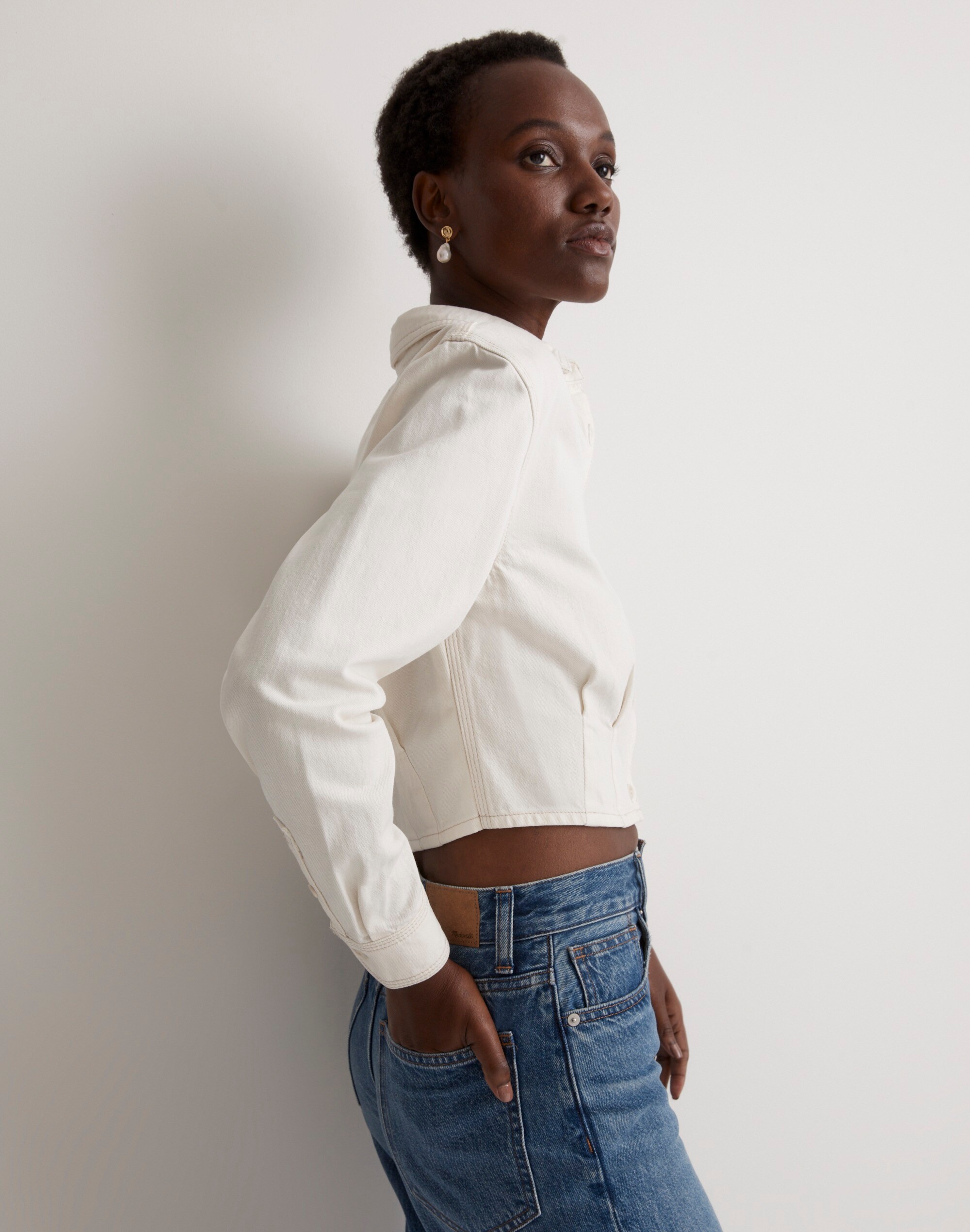 Denim Pleated Cropped Button-Up Shirt