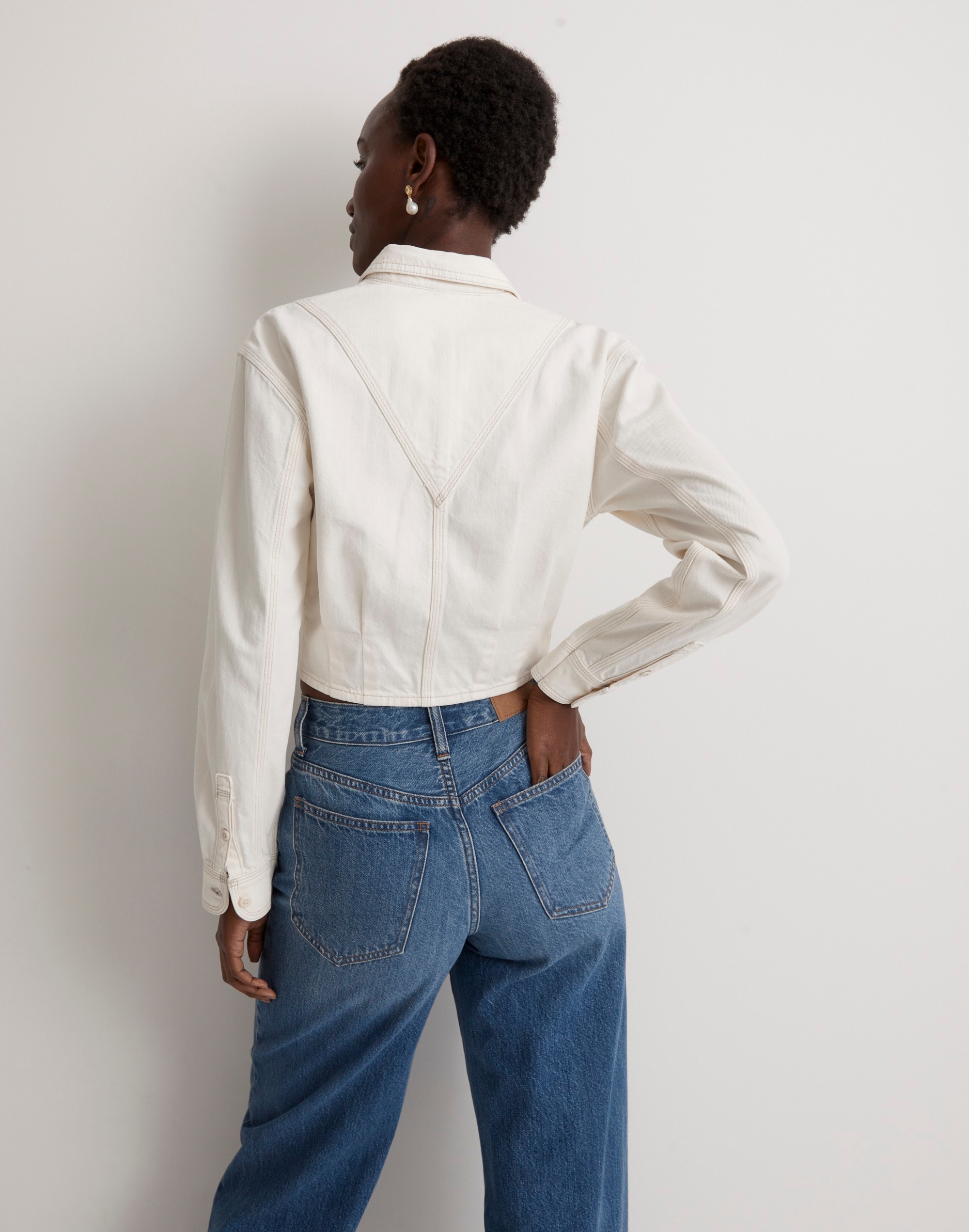 Denim Pleated Cropped Button-Up Shirt