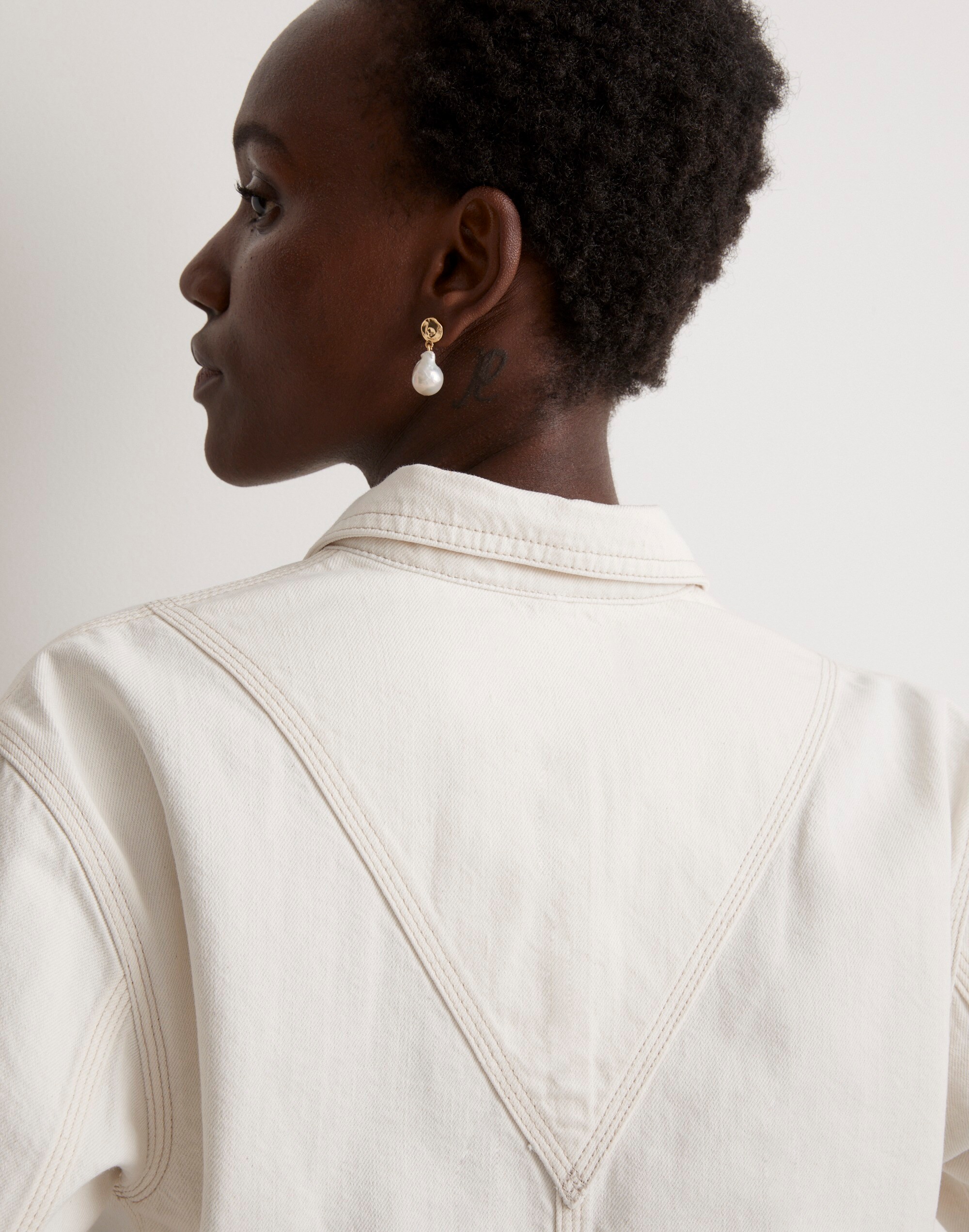 Denim Pleated Cropped Button-Up Shirt