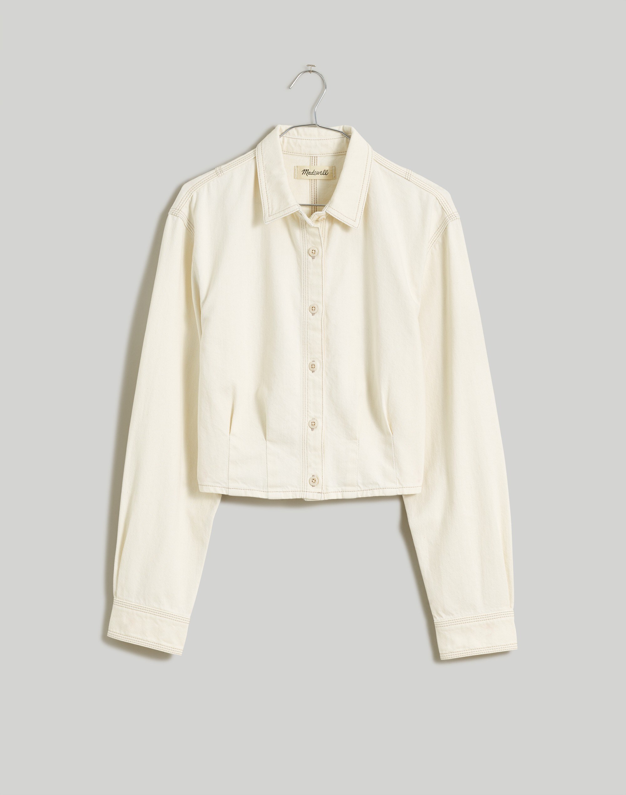 Denim Pleated Cropped Button-Up Shirt