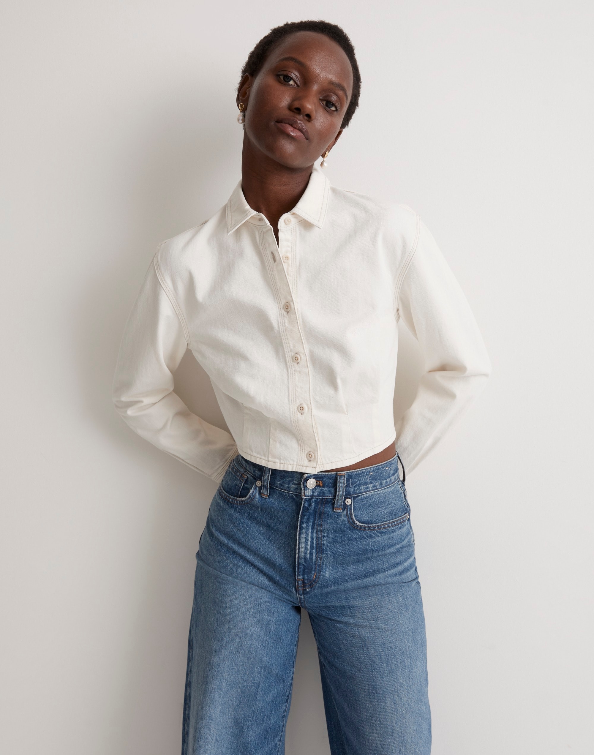 Denim Pleated Cropped Button-Up Shirt