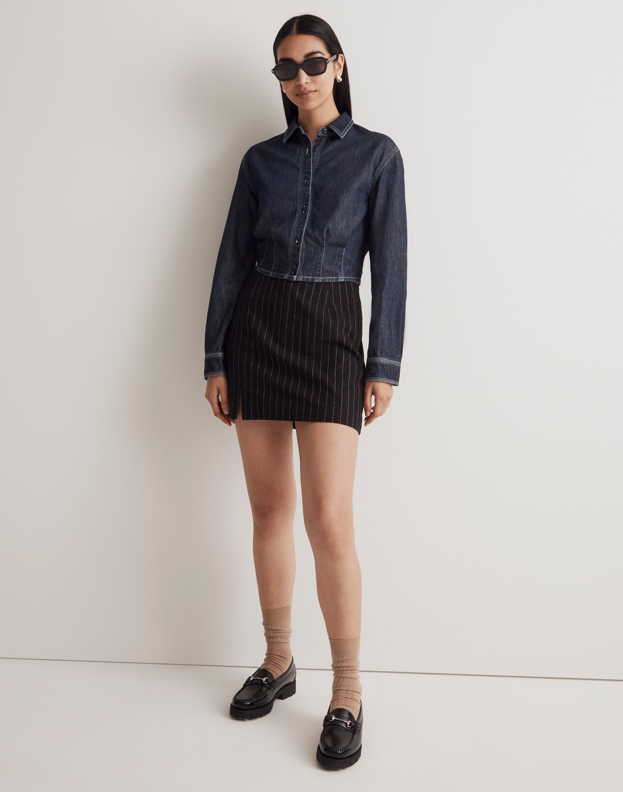 Denim Pleated Cropped Button-Up Shirt