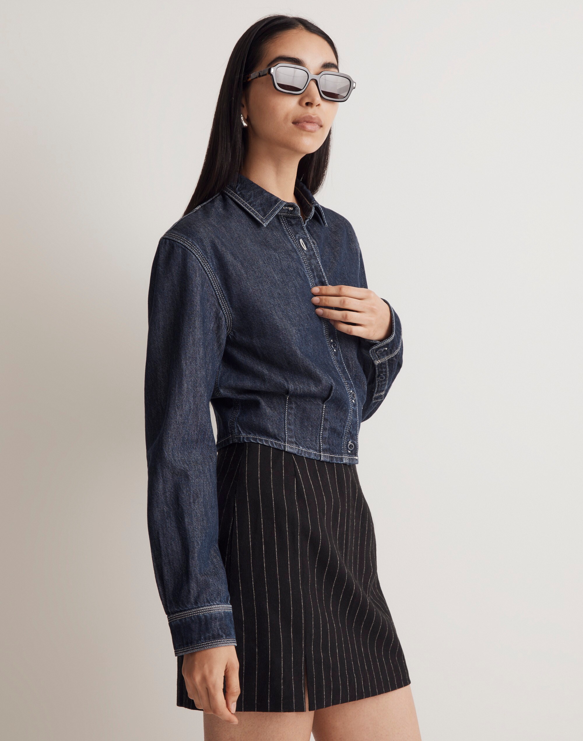 Denim Pleated Cropped Button-Up Shirt