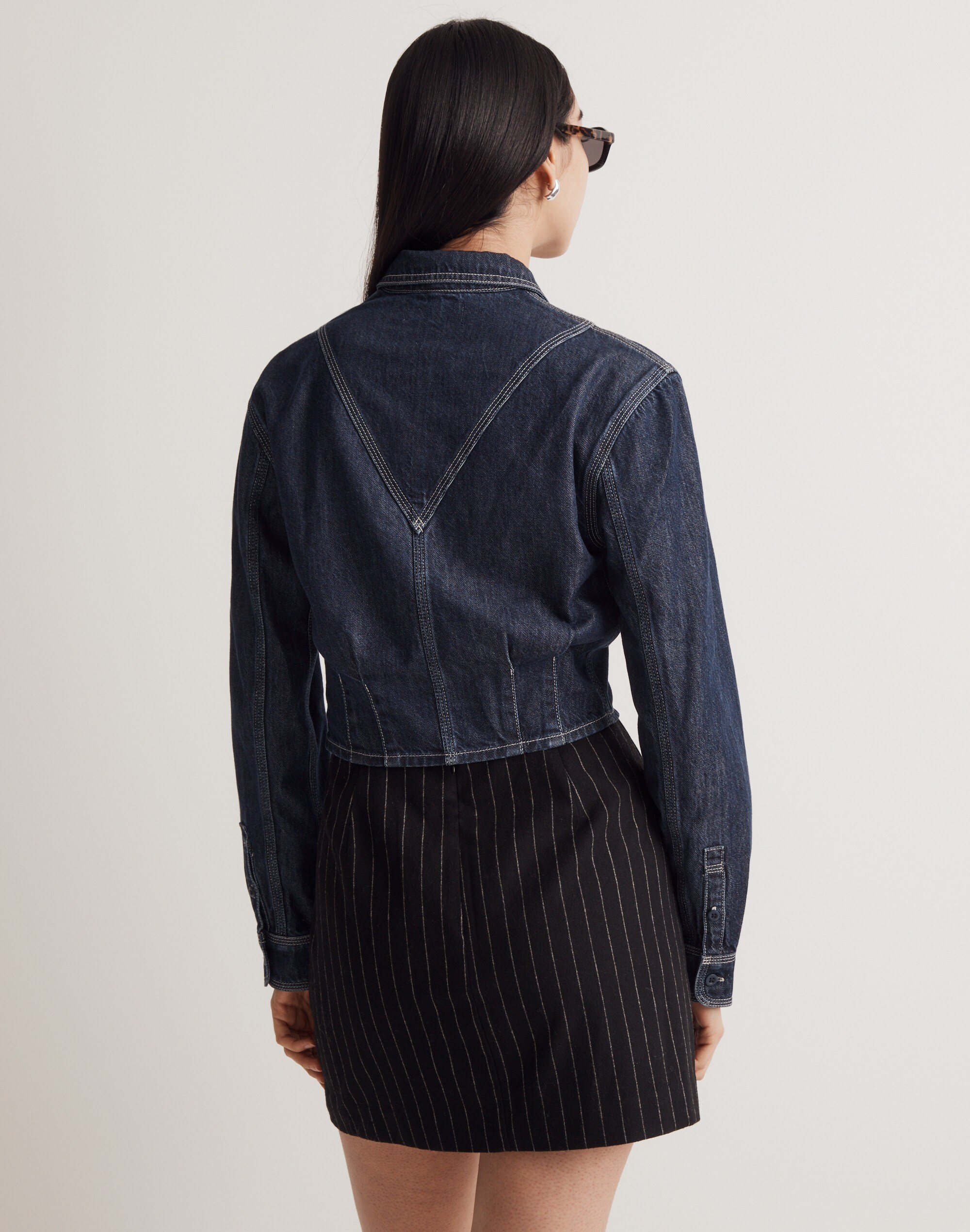 Denim Pleated Cropped Button-Up Shirt