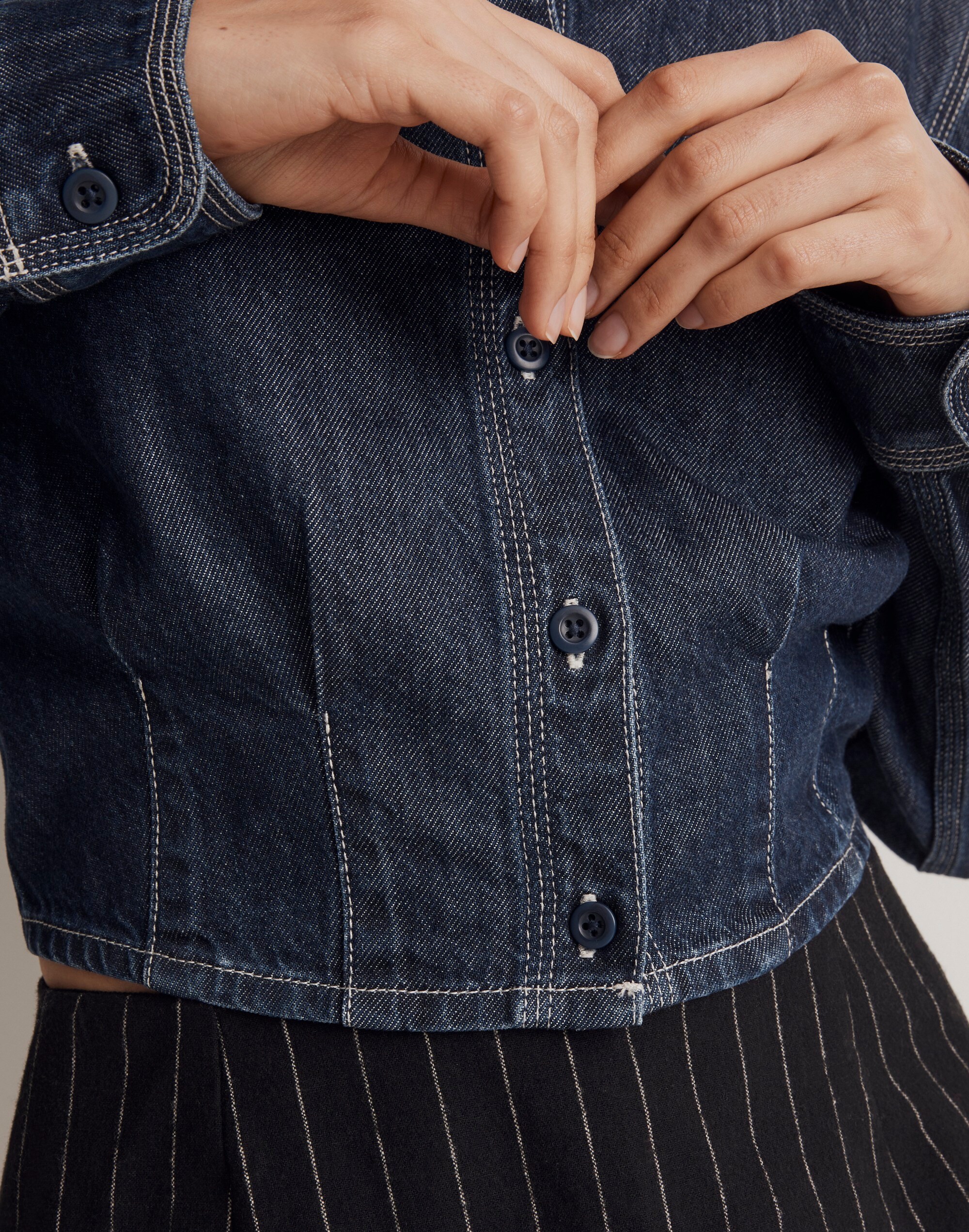 Denim Pleated Cropped Button-Up Shirt