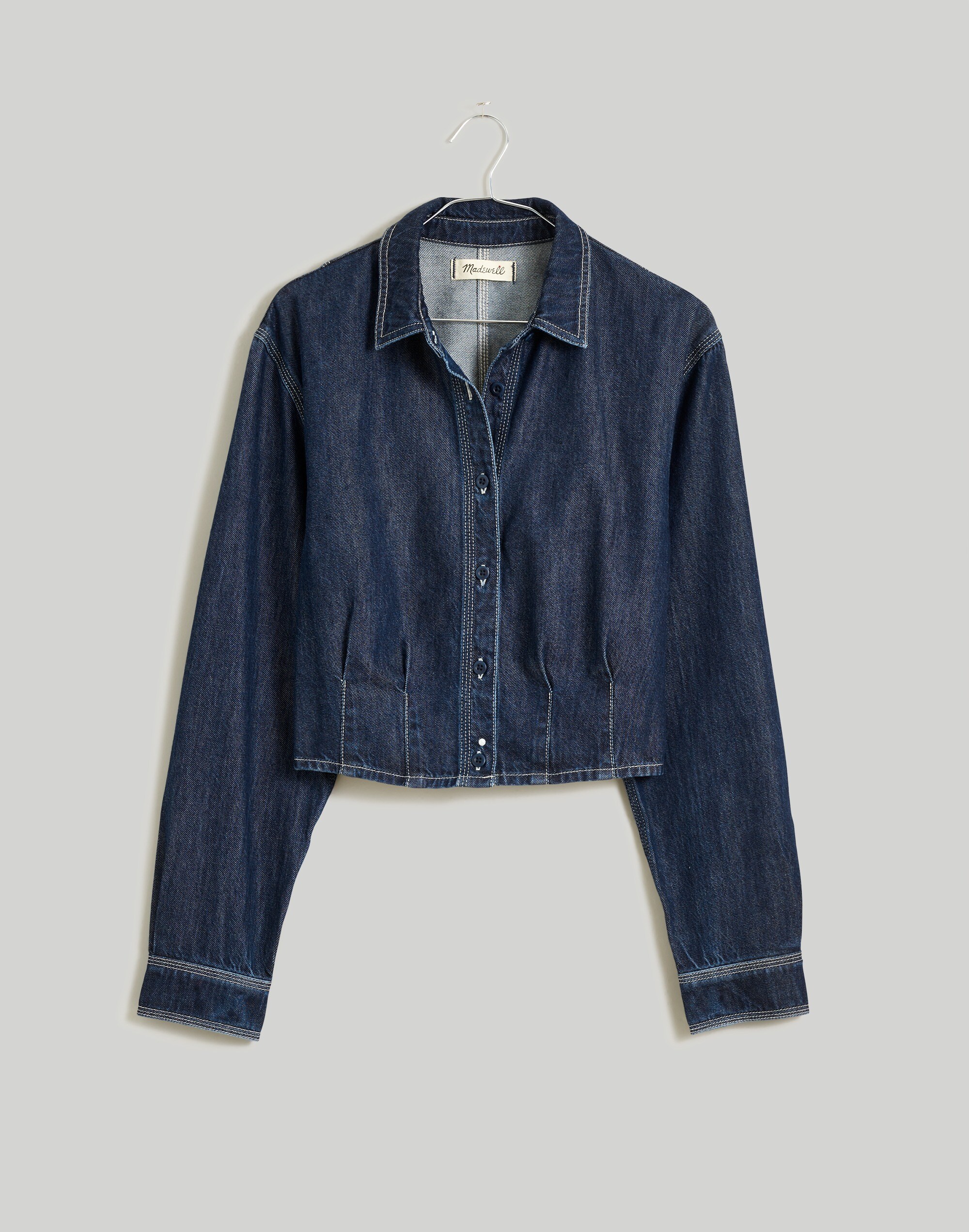 Denim Pleated Cropped Button-Up Shirt