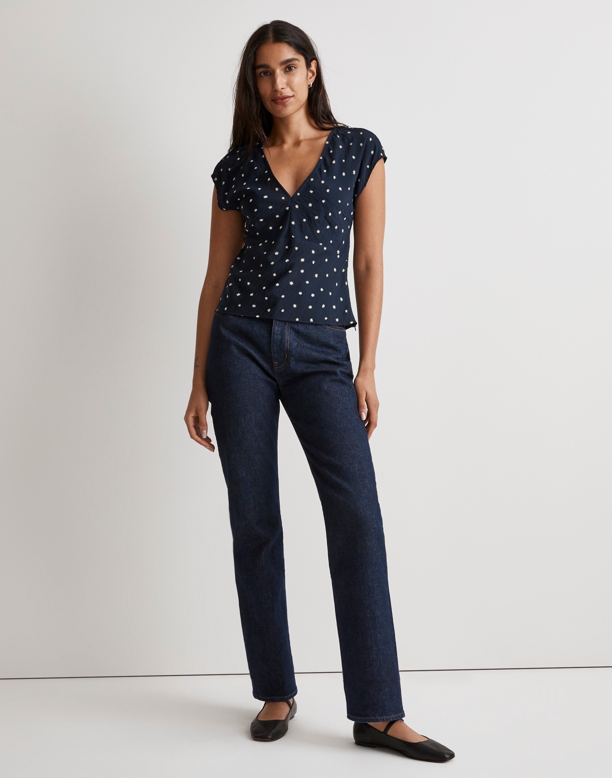 V-Neck Cap-Sleeve Top in Ditsy Floral