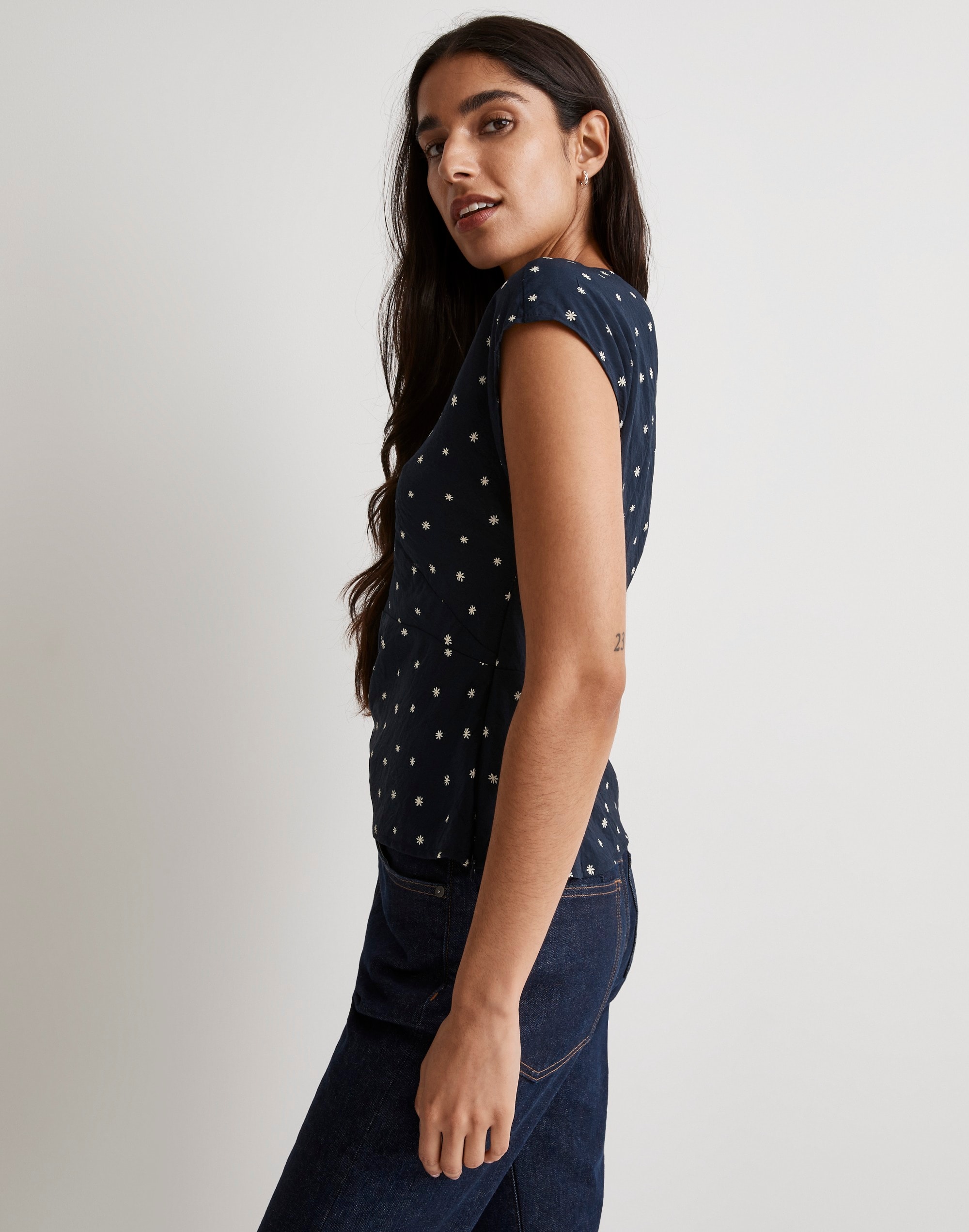 V-Neck Cap-Sleeve Top in Ditsy Floral