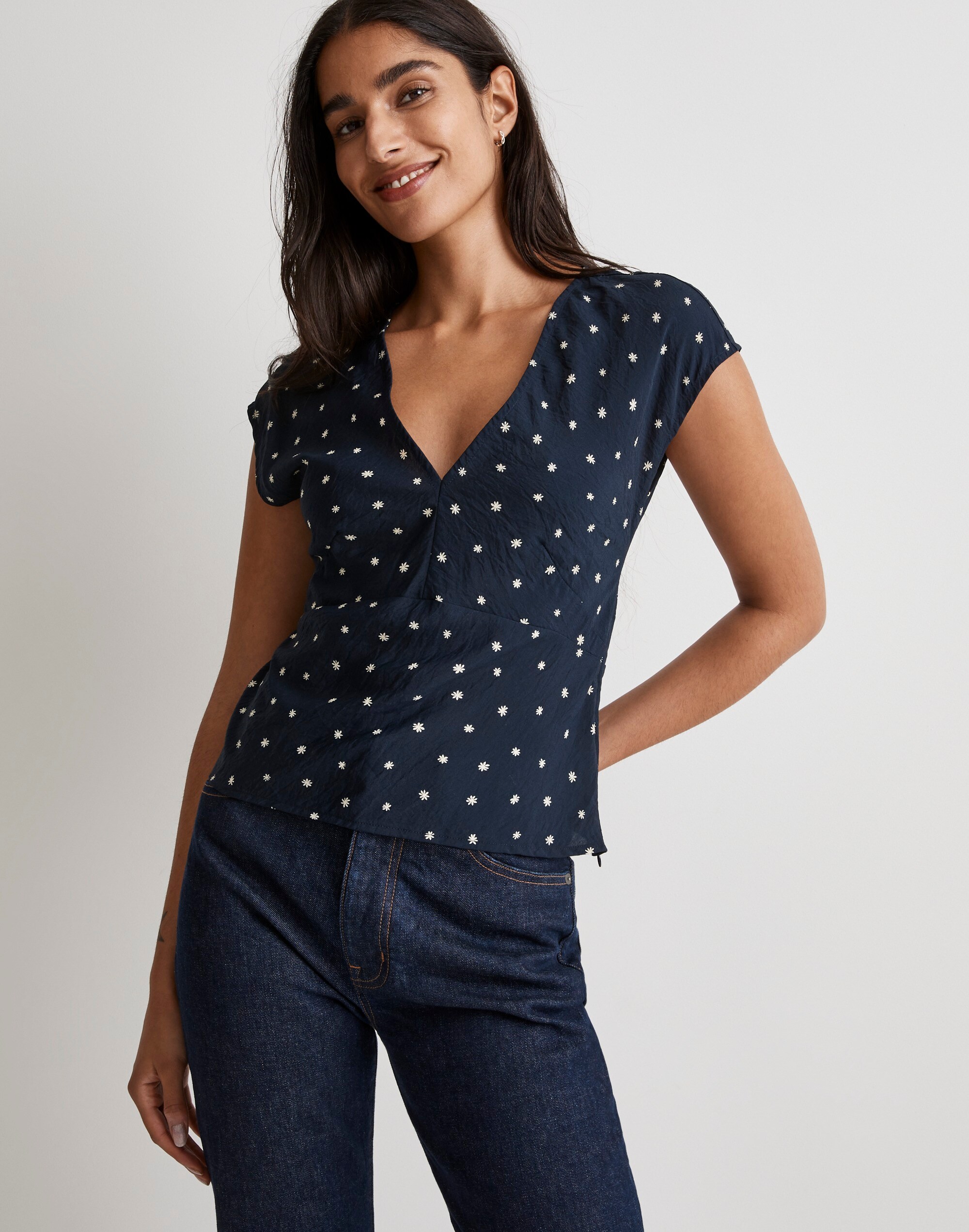 V-Neck Cap-Sleeve Top in Ditsy Floral