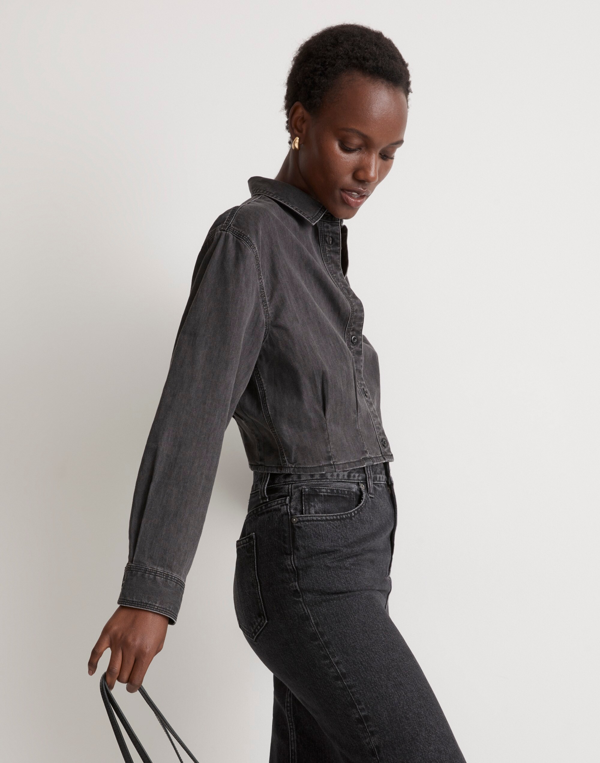 Denim Pleated Cropped Button-Up Shirt