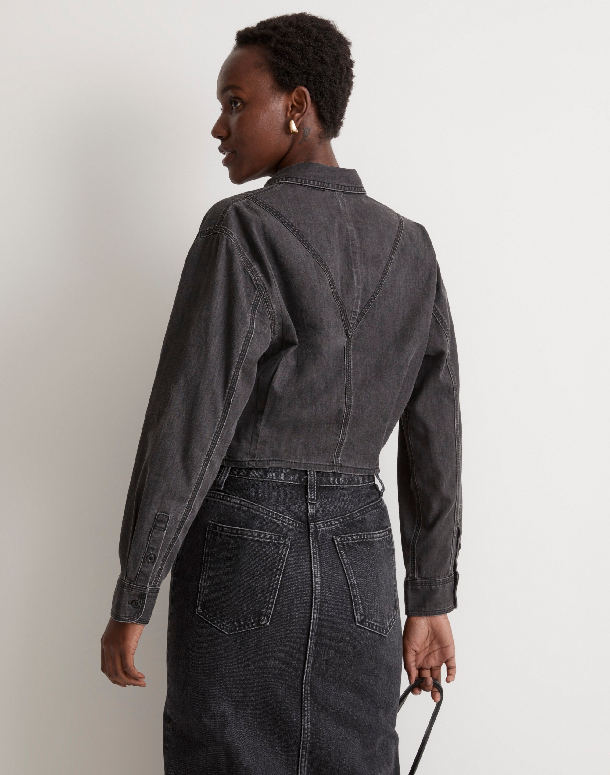 Denim Pleated Cropped Button-Up Shirt