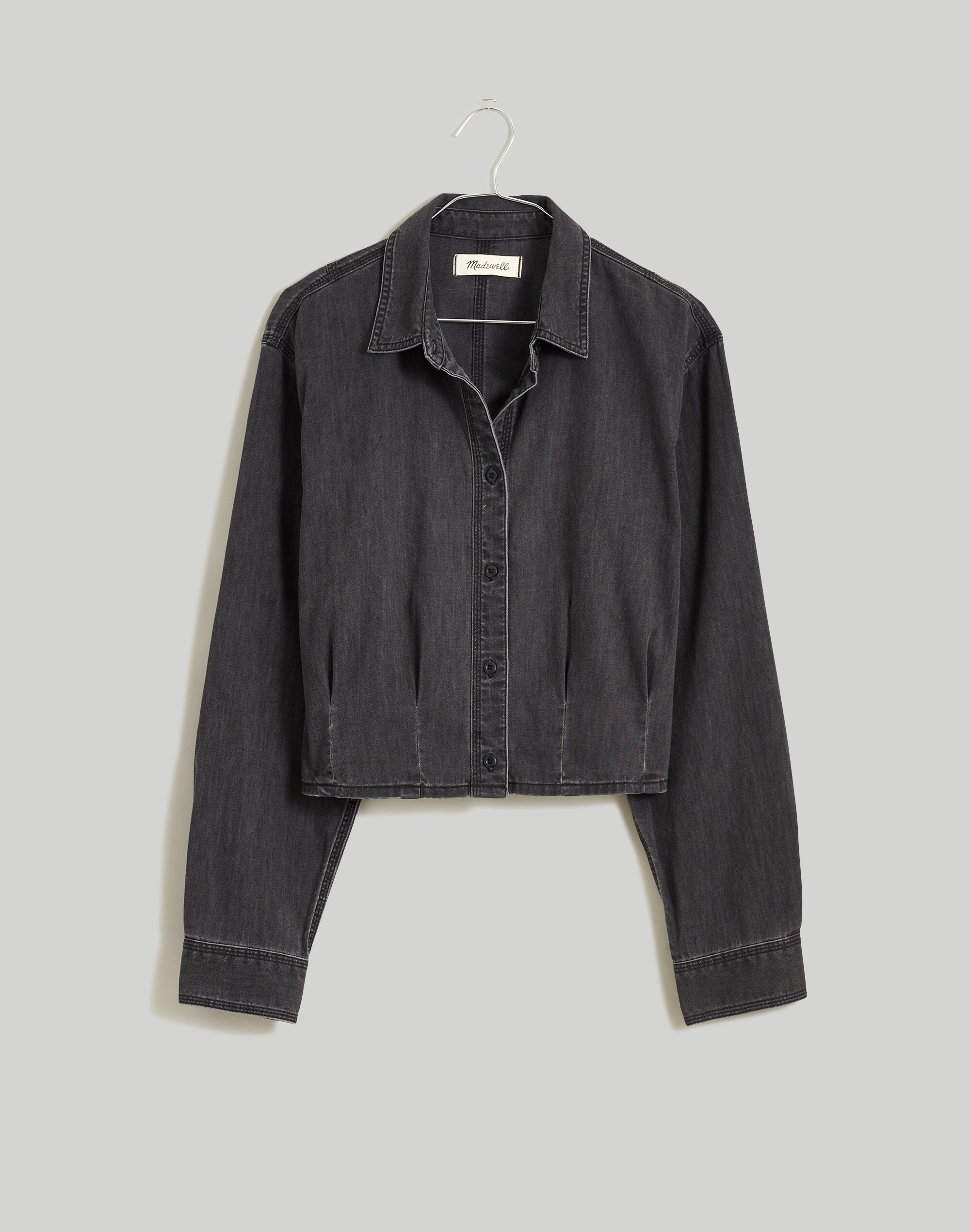 Denim Pleated Cropped Button-Up Shirt