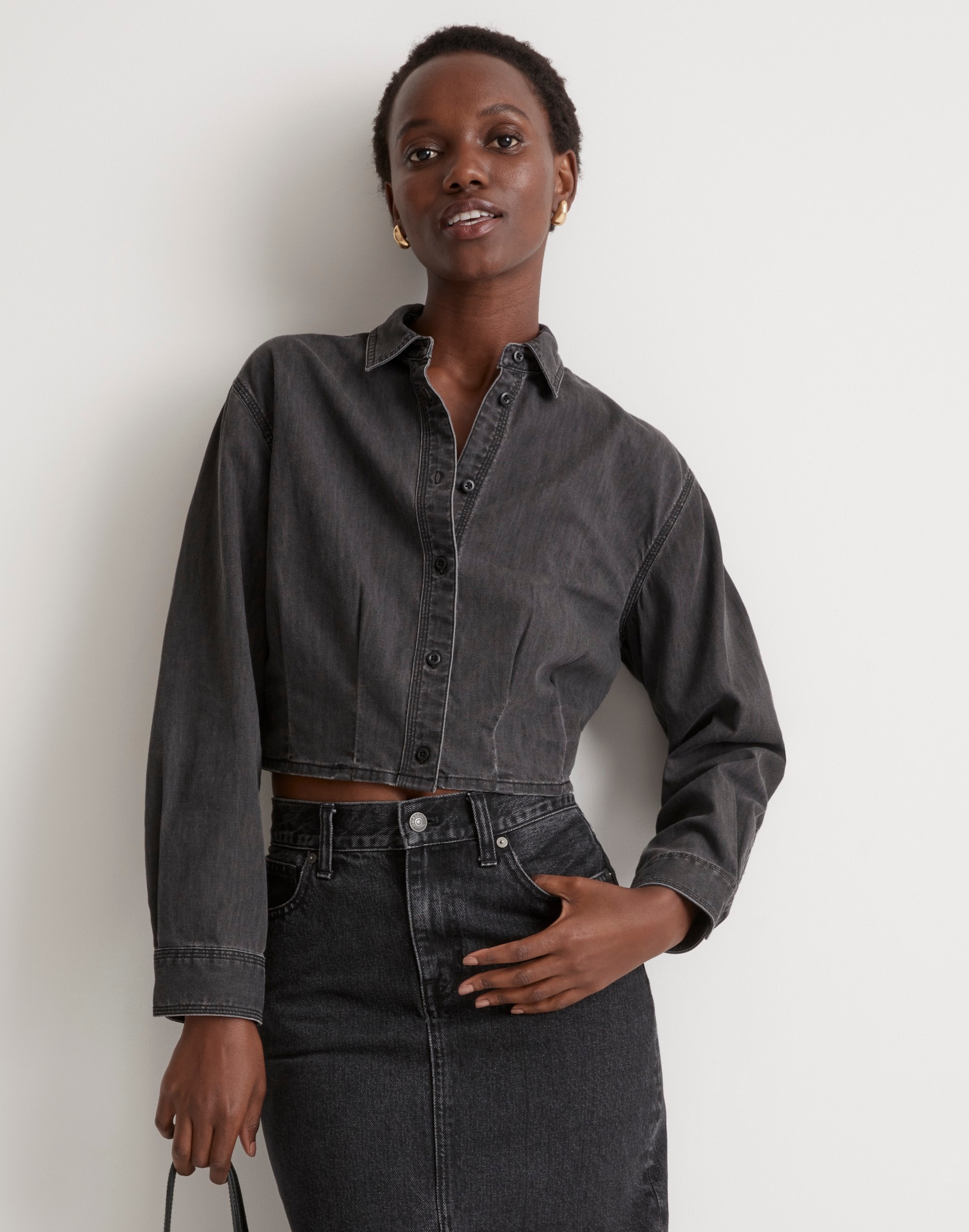 Denim Pleated Cropped Button-Up Shirt