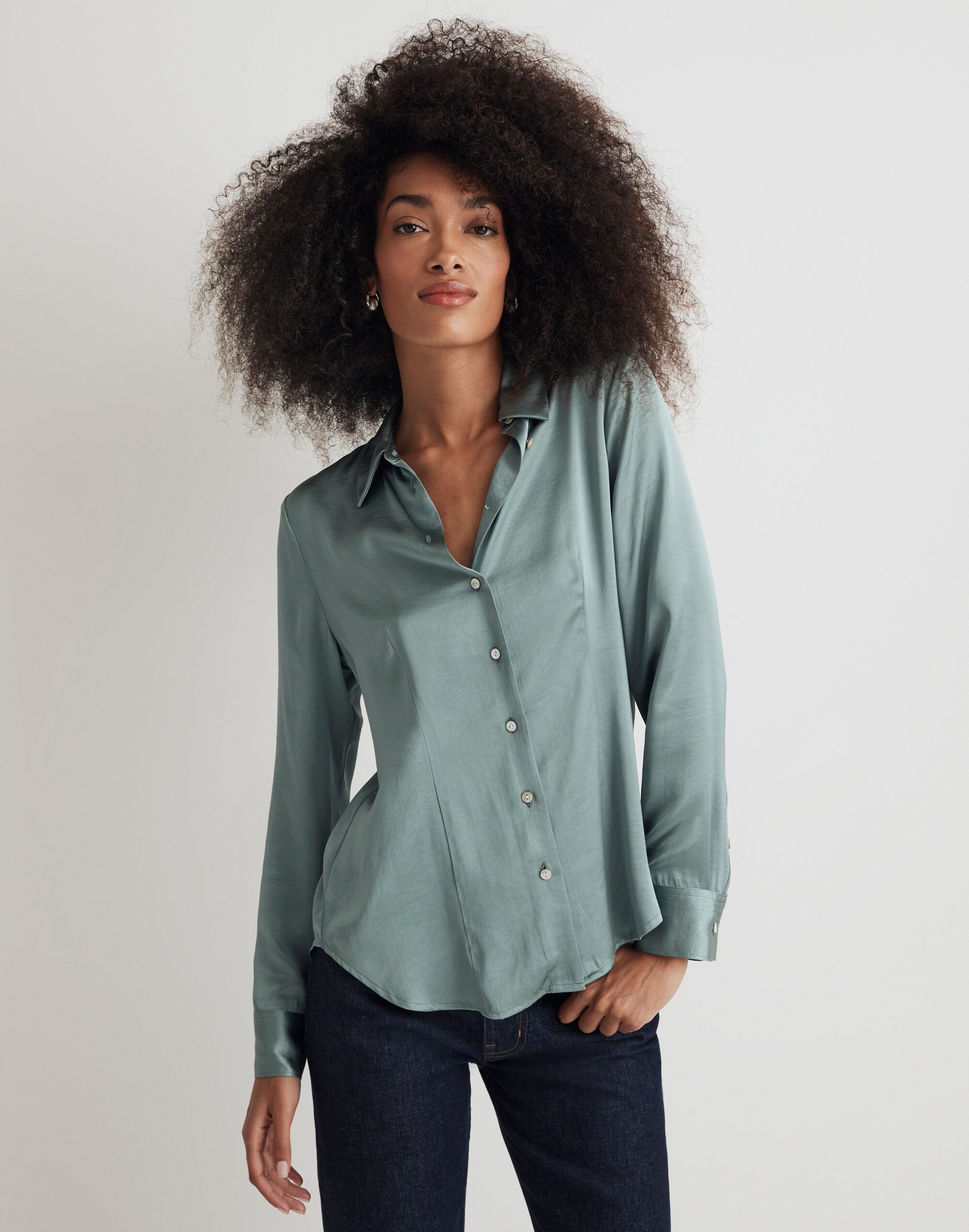 Darted Button-Up Shirt in Satin