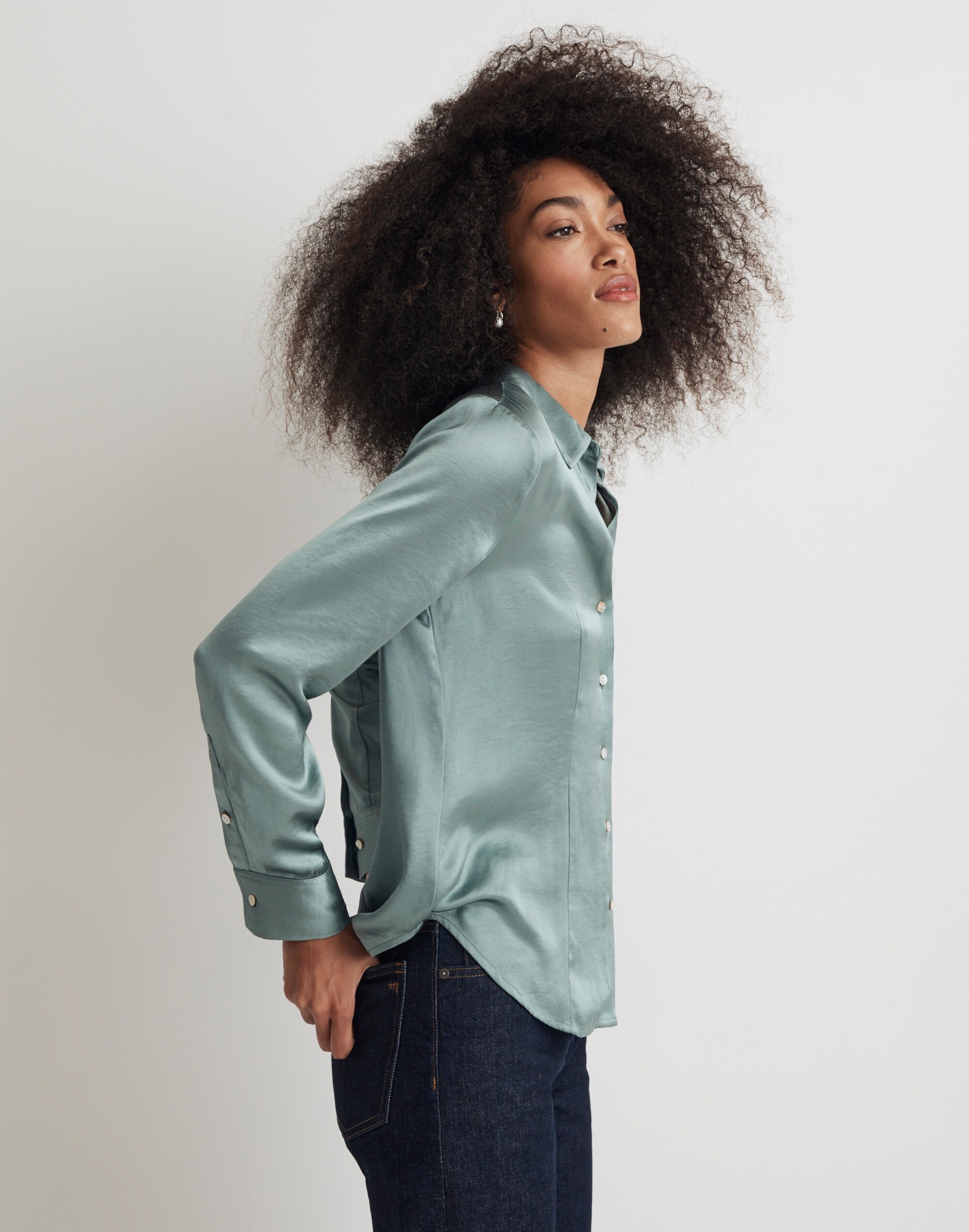 Darted Button-Up Shirt in Satin