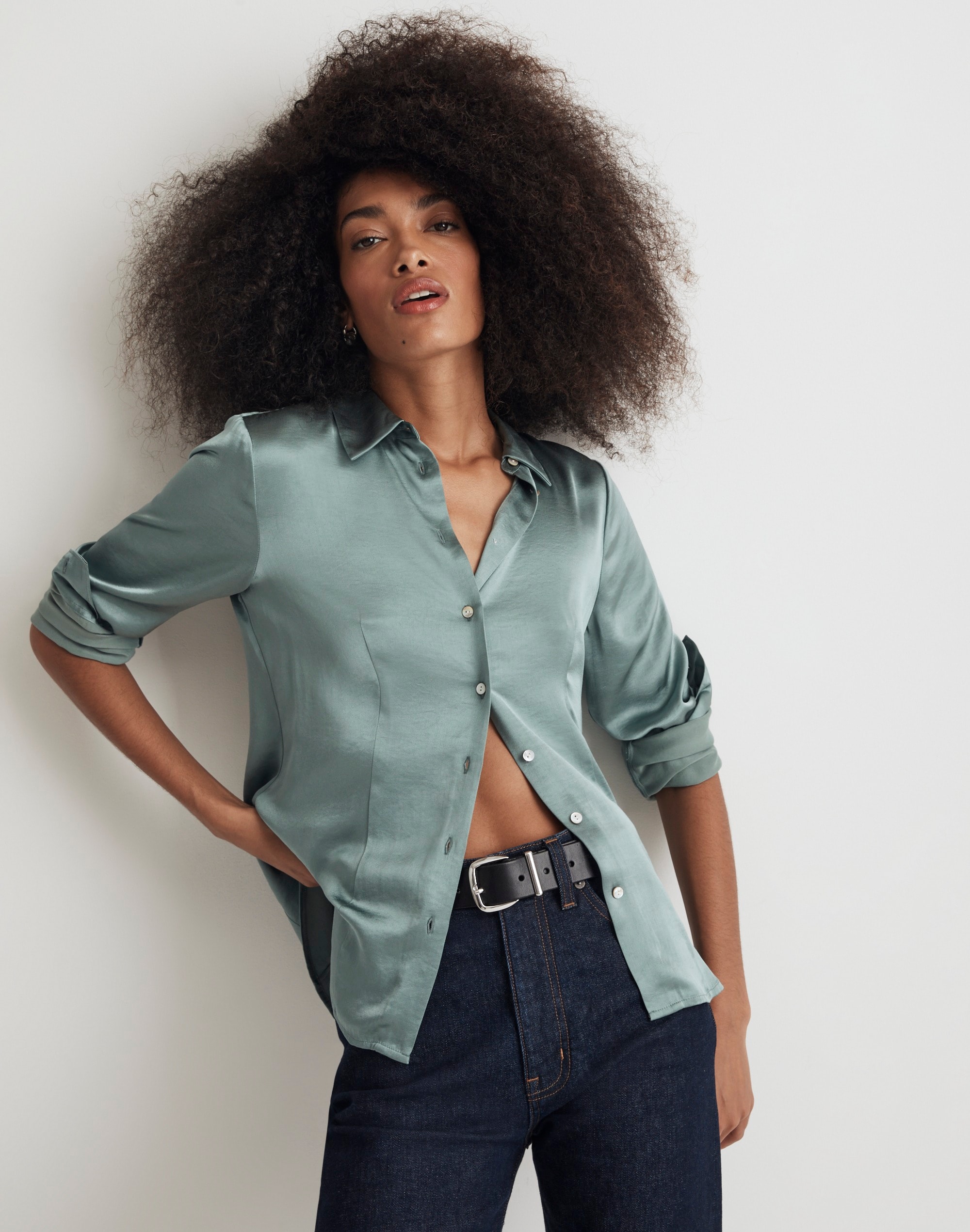 Darted Button-Up Shirt in Satin