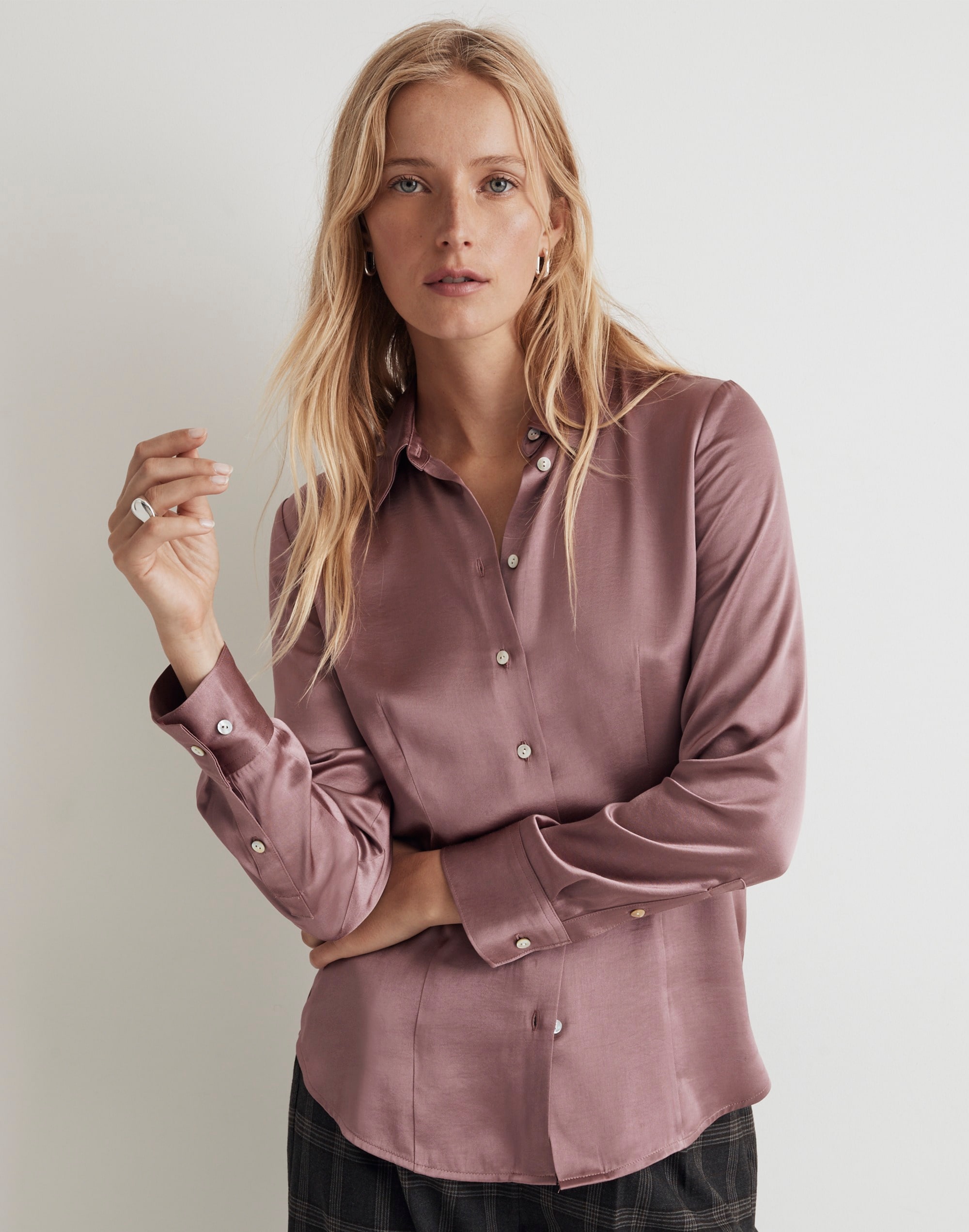 Darted Button-Up Shirt in Satin
