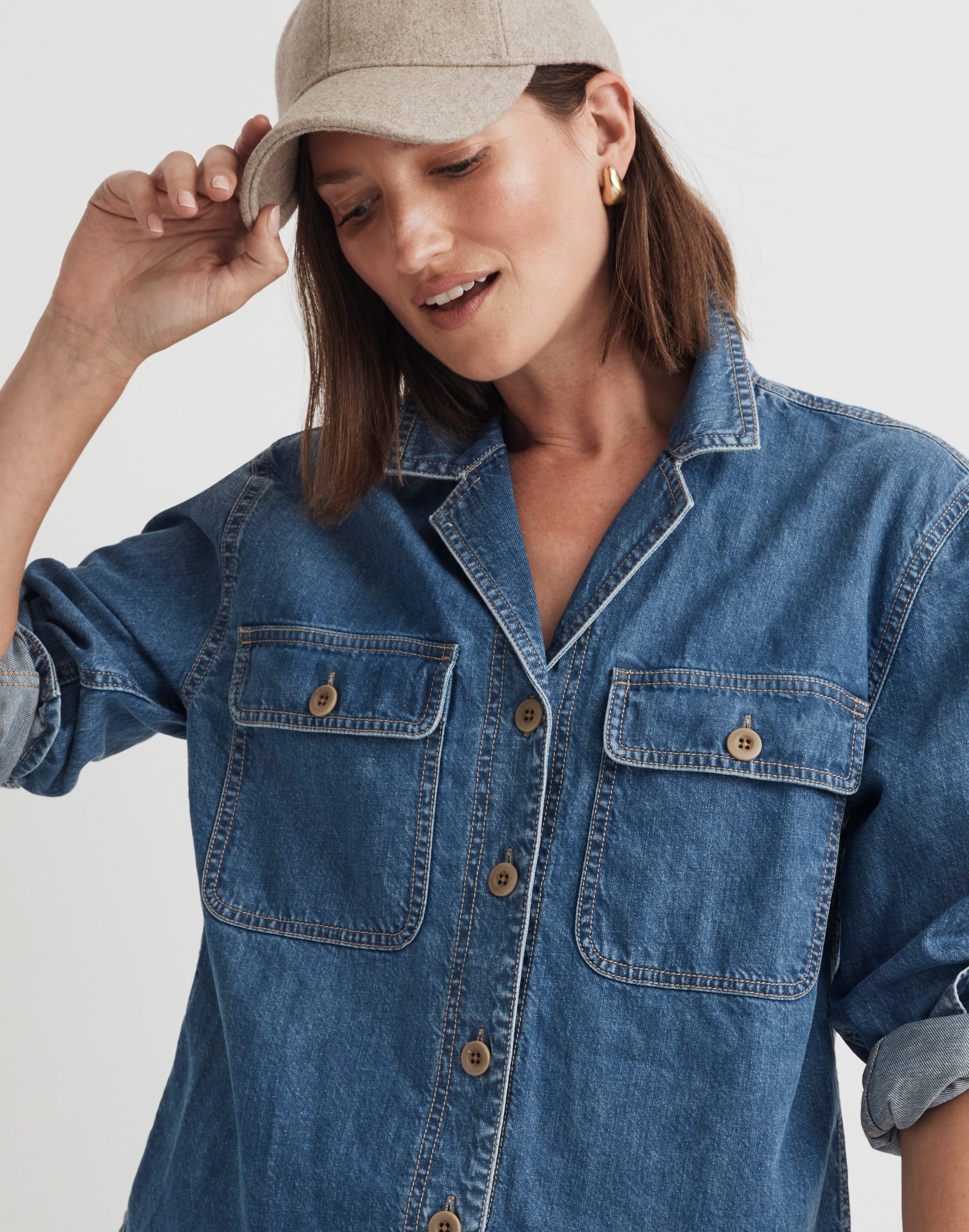 Denim Cropped Button-Up Shirt in Ridgeville Wash