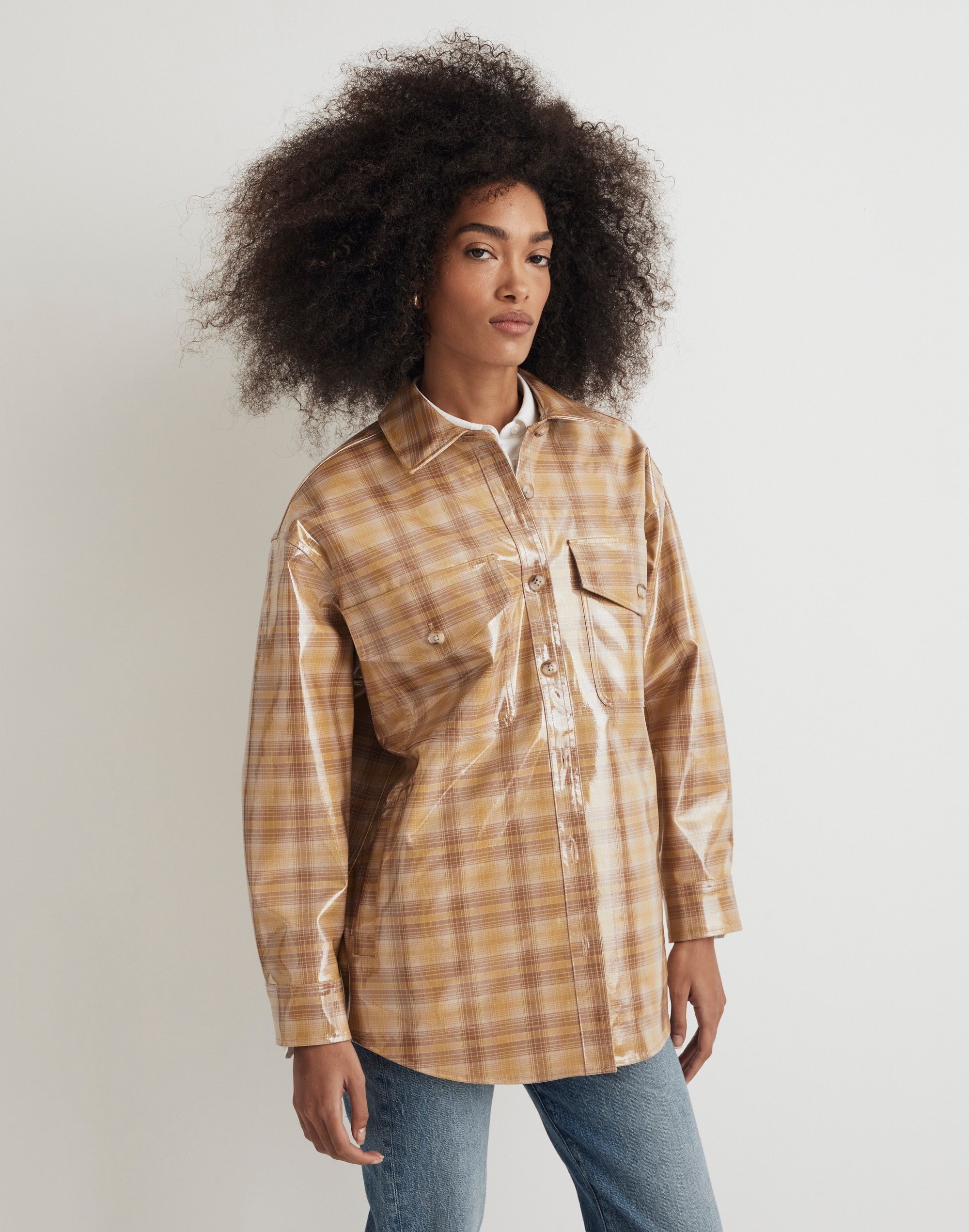 Laminated Superoversized Shirt-Jacket Yarn-Dyed Plaid