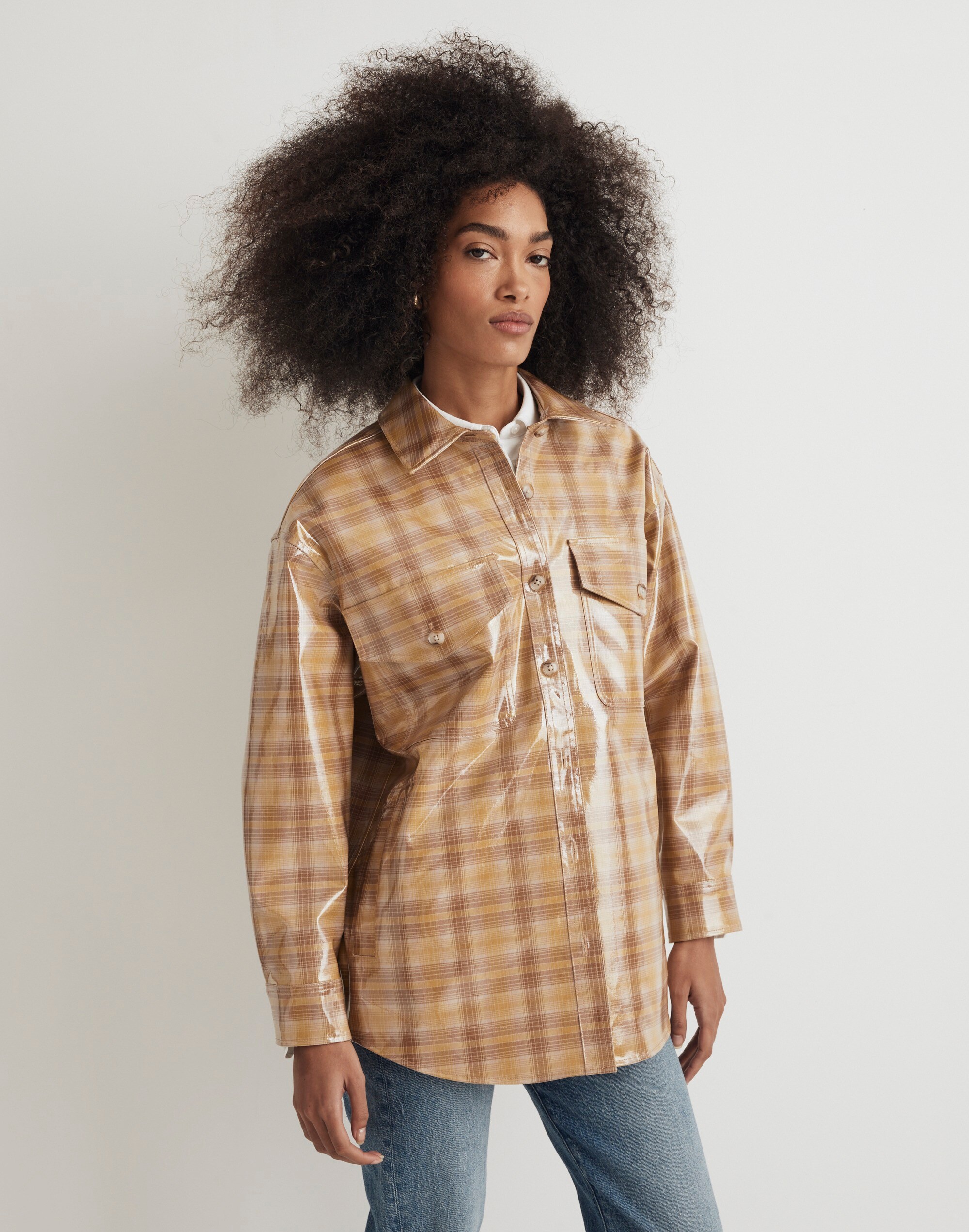 Laminated Superoversized Shirt-Jacket in Yarn-Dyed Plaid