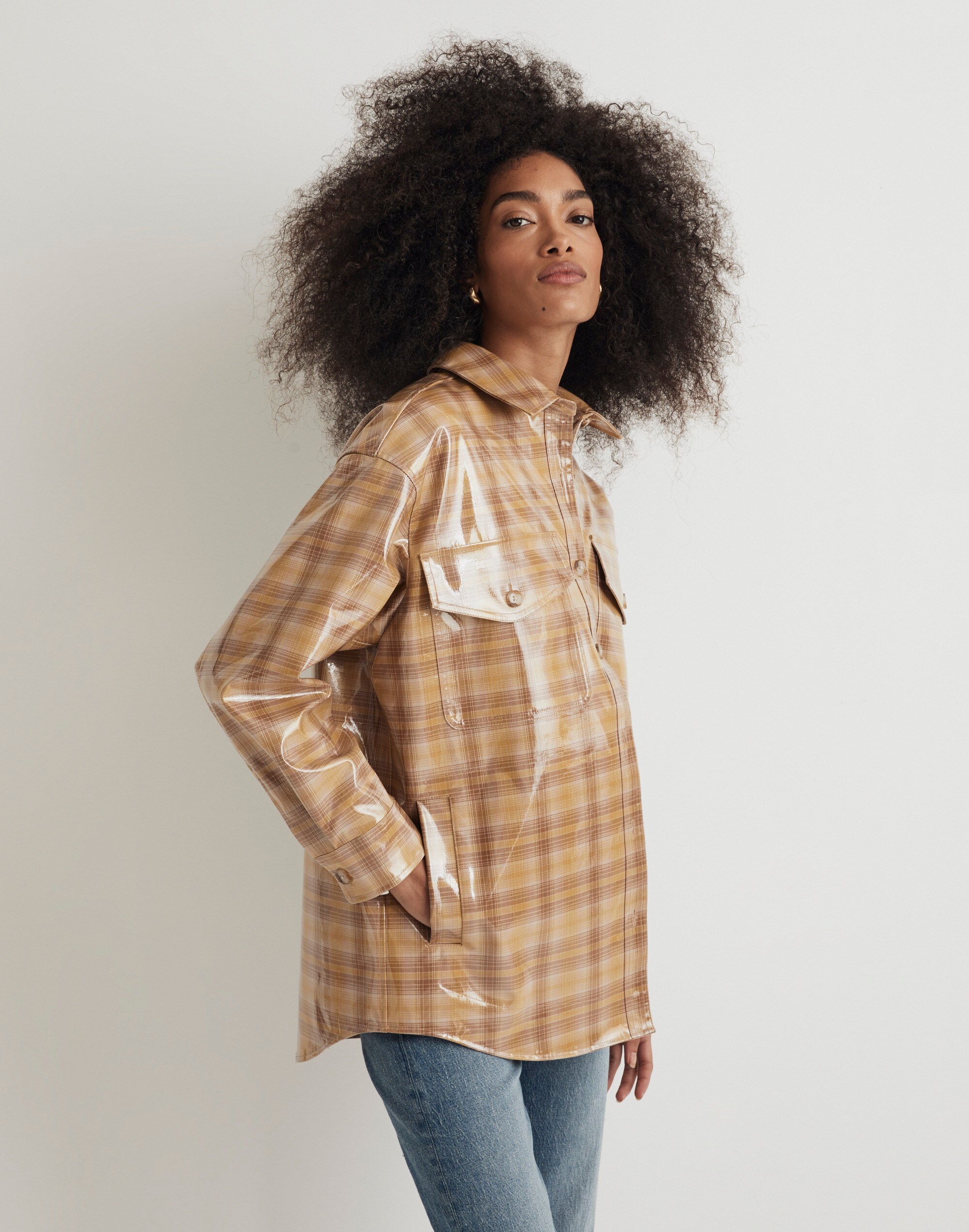 Laminated Superoversized Shirt-Jacket in Yarn-Dyed Plaid