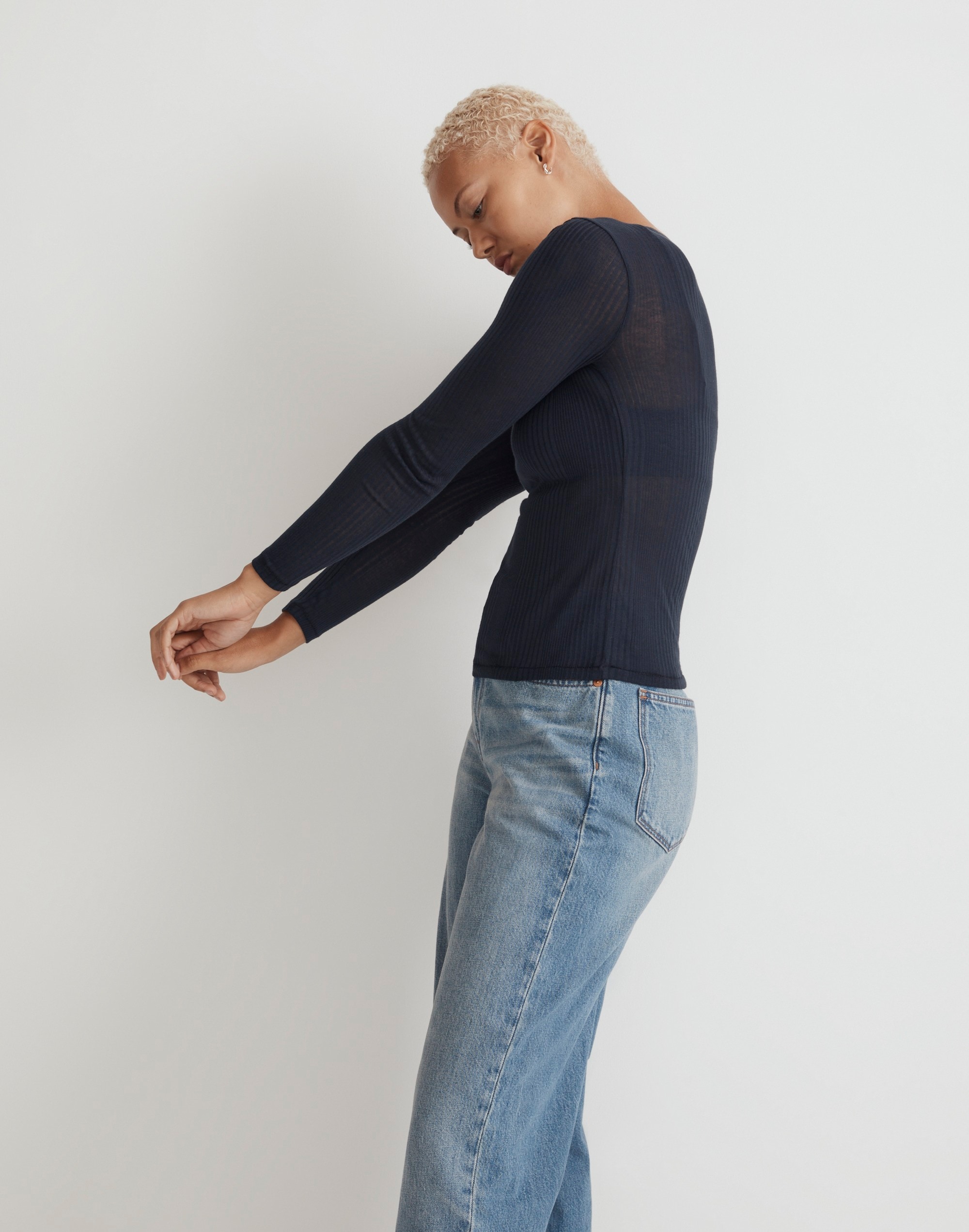 Variegated Ribbed Crewneck Long-Sleeve Tee