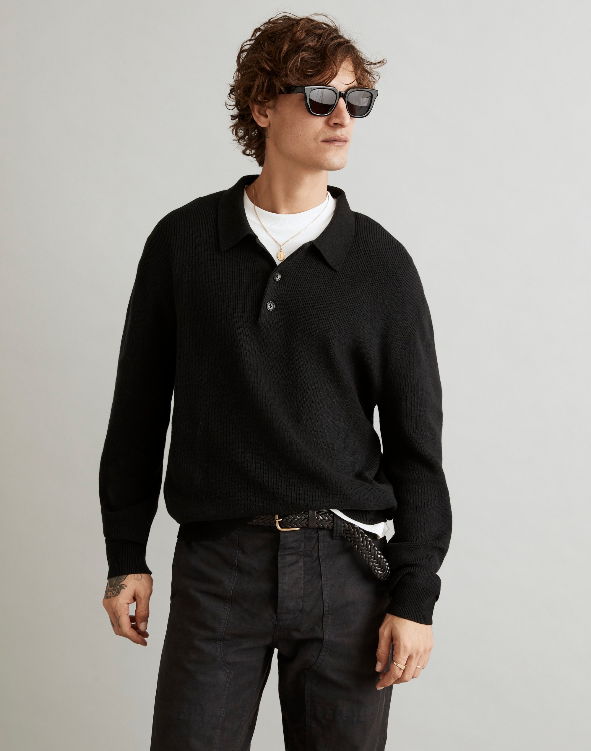 Ribbed Long-Sleeve Sweater Polo