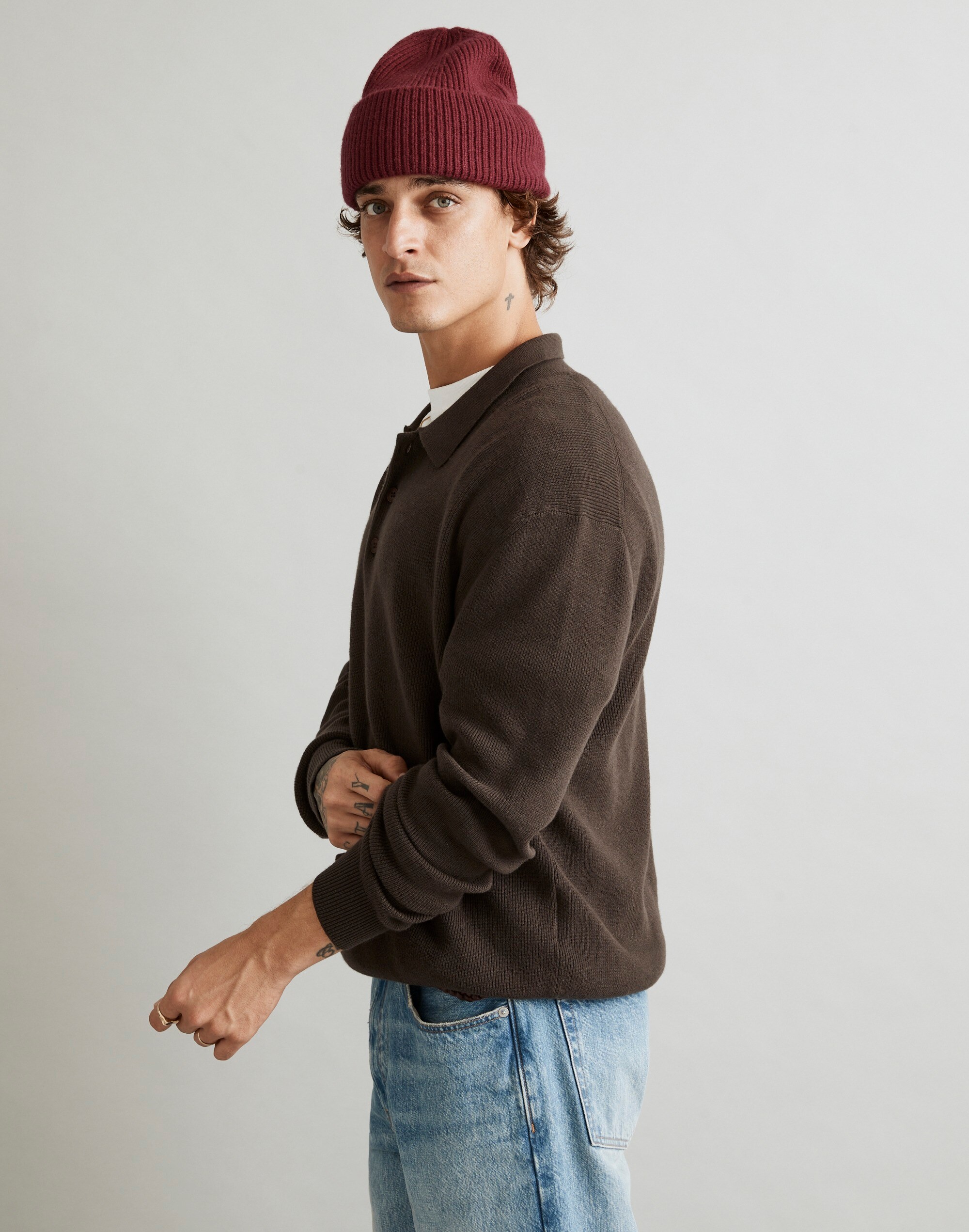 Ribbed Long-Sleeve Sweater Polo