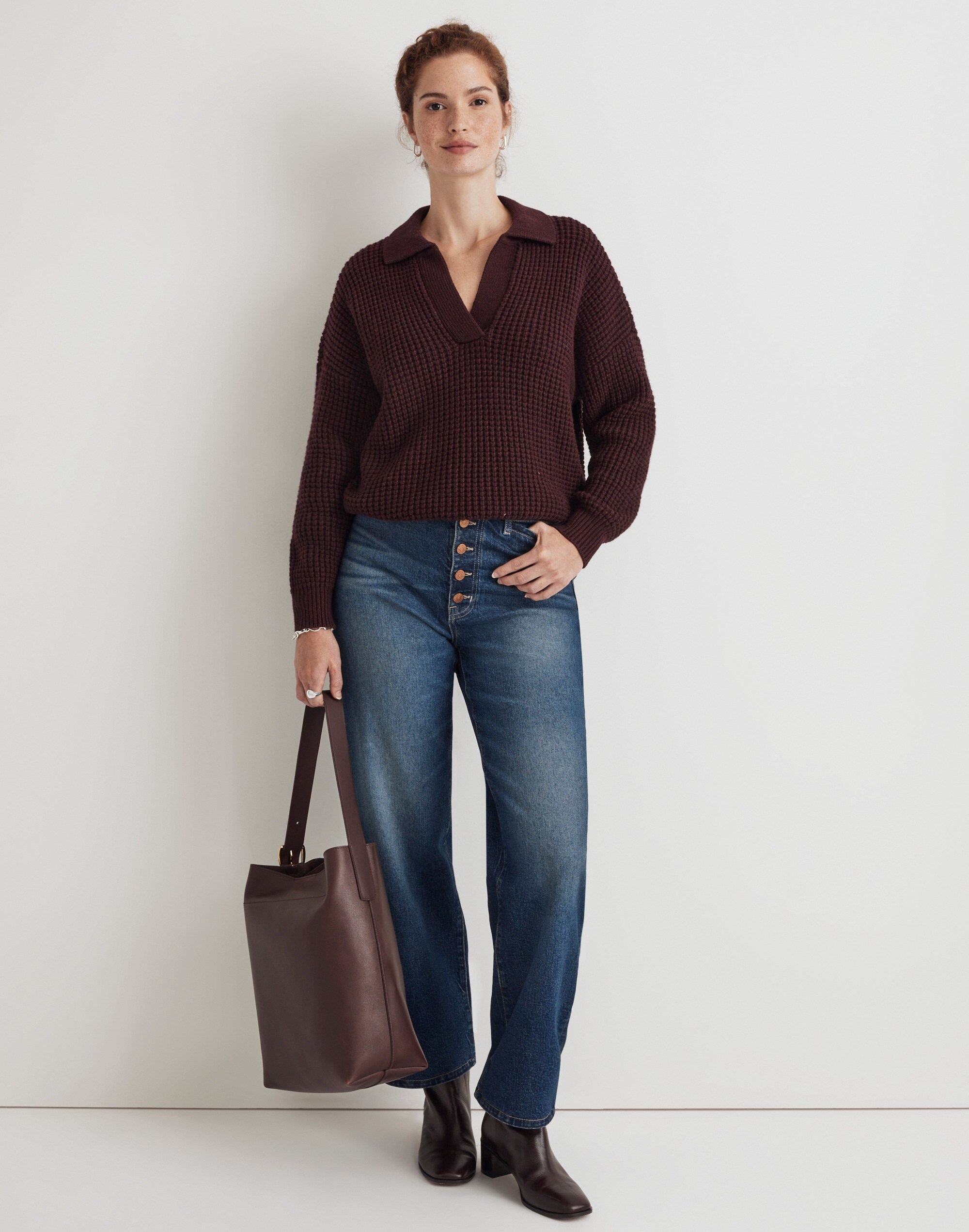 Waffle-Knit Henley Sweater