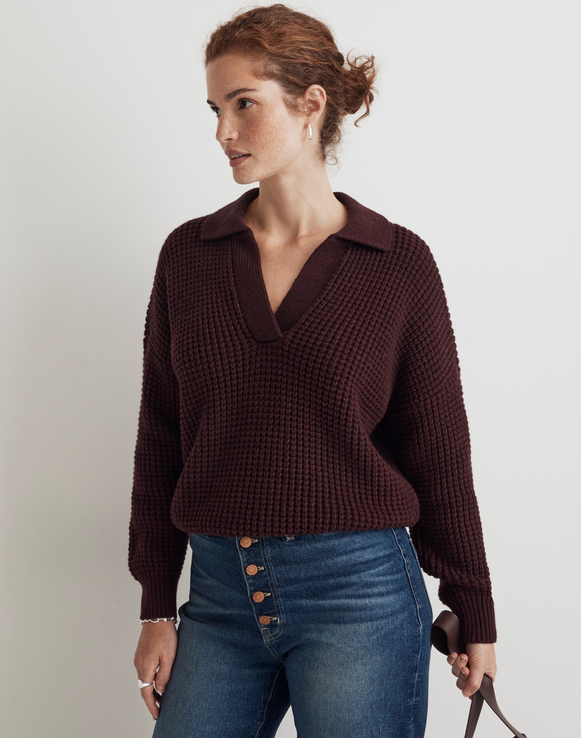 Waffle-Knit Henley Sweater