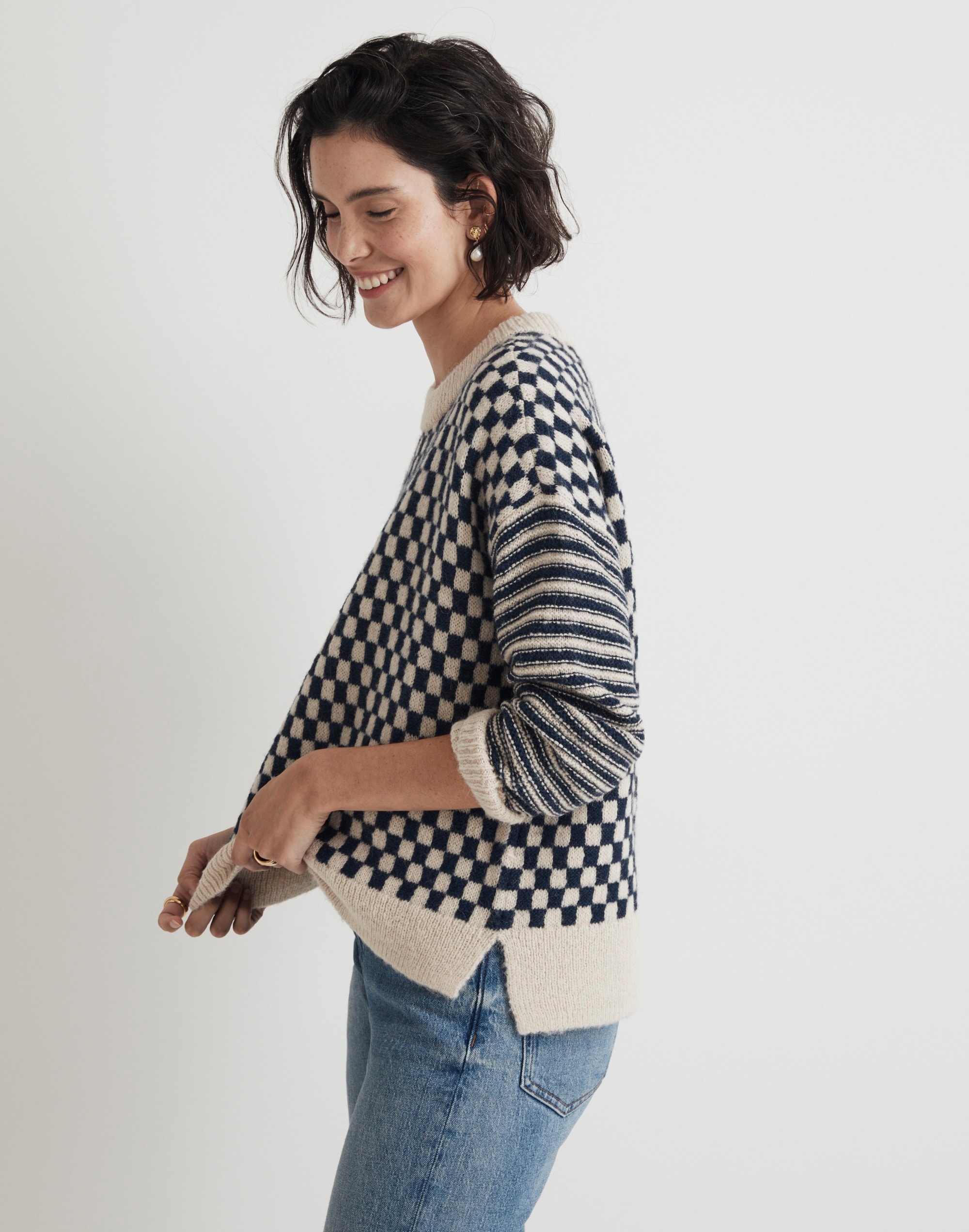 Crewneck Sweater in Checked Stripe