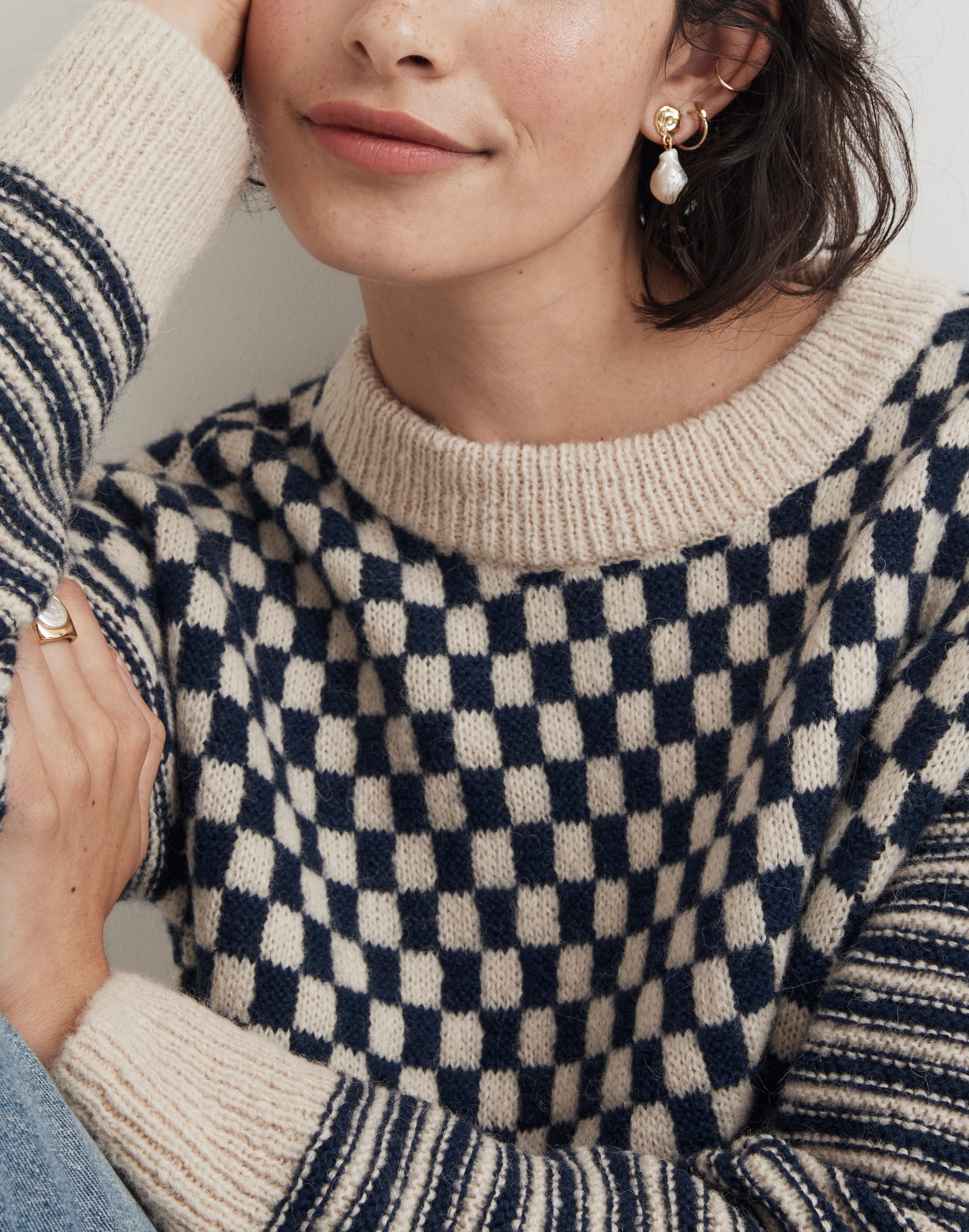 Crewneck Sweater in Checked Stripe